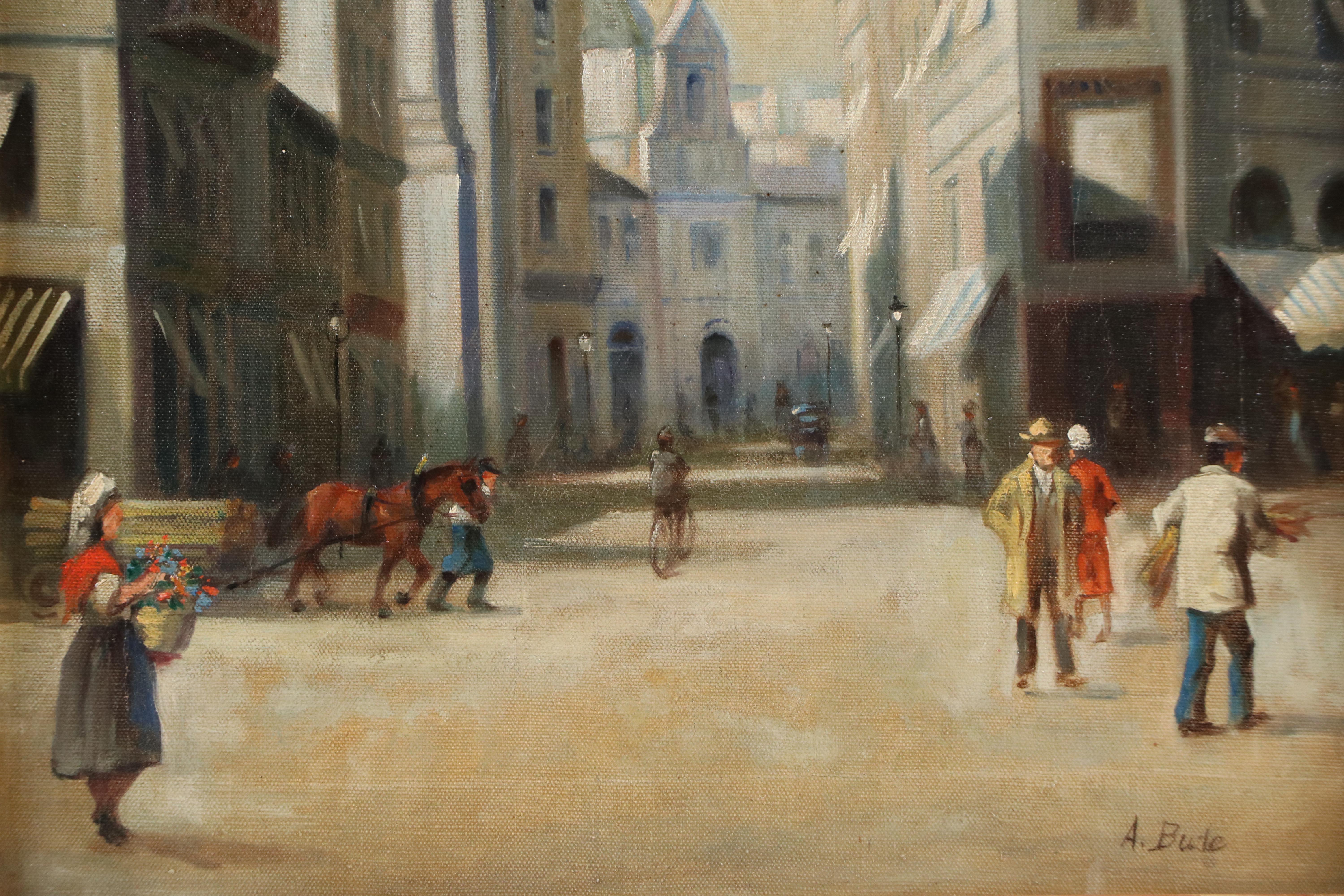 European Street Scene Oil Painting, Circa 1920