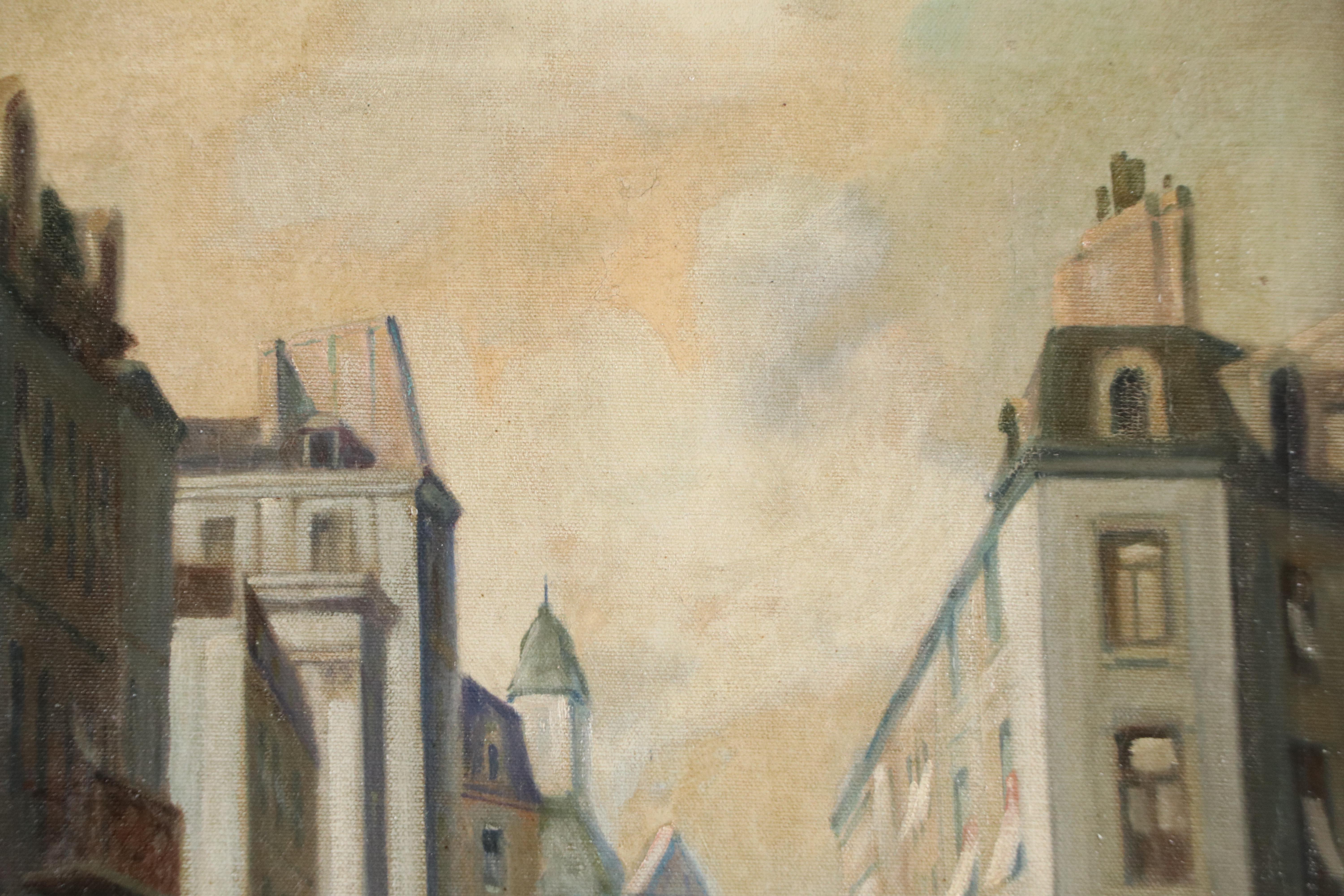 European Street Scene Oil Painting, Circa 1920