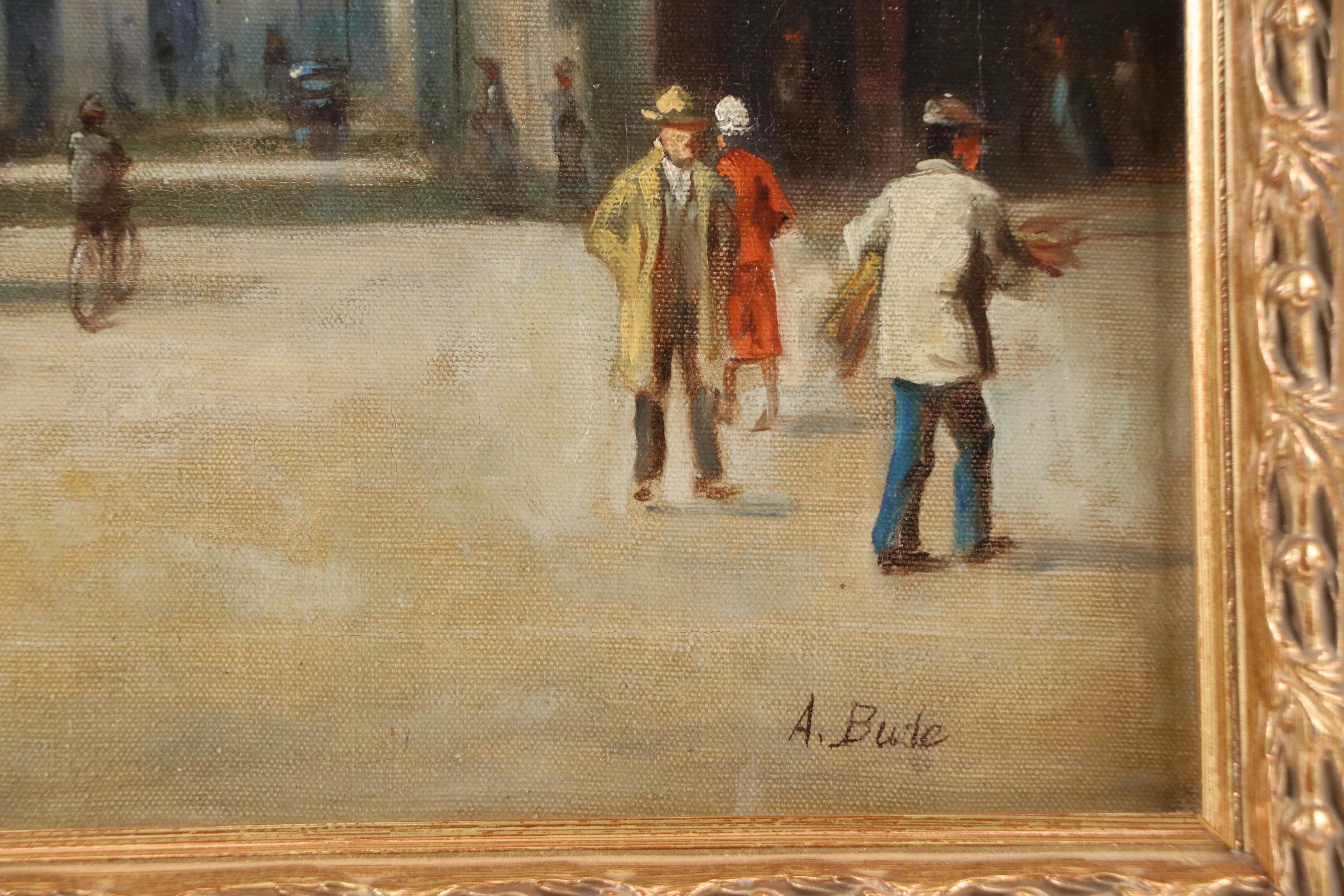 European Street Scene Oil Painting, Circa 1920