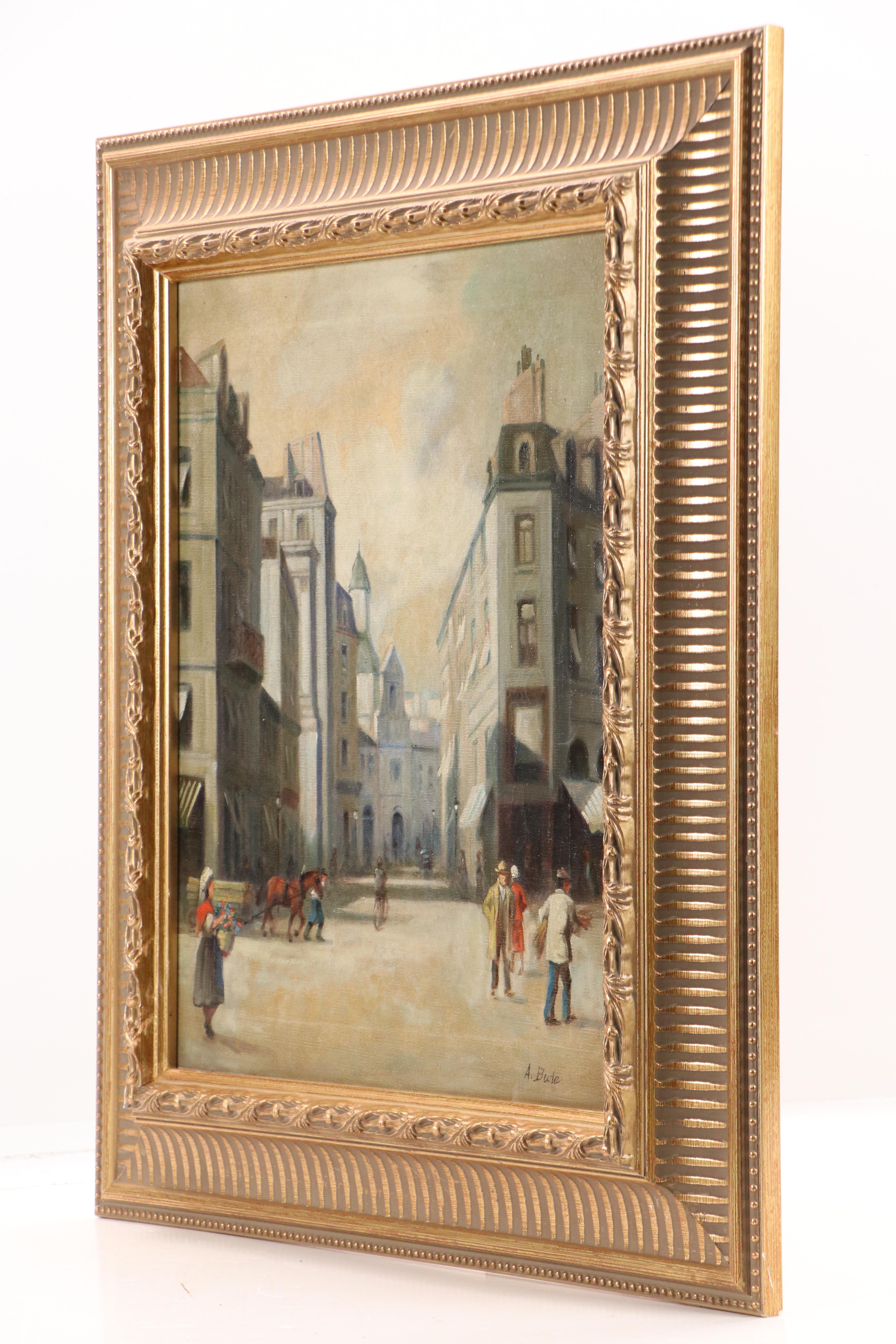European Street Scene Oil Painting, Circa 1920