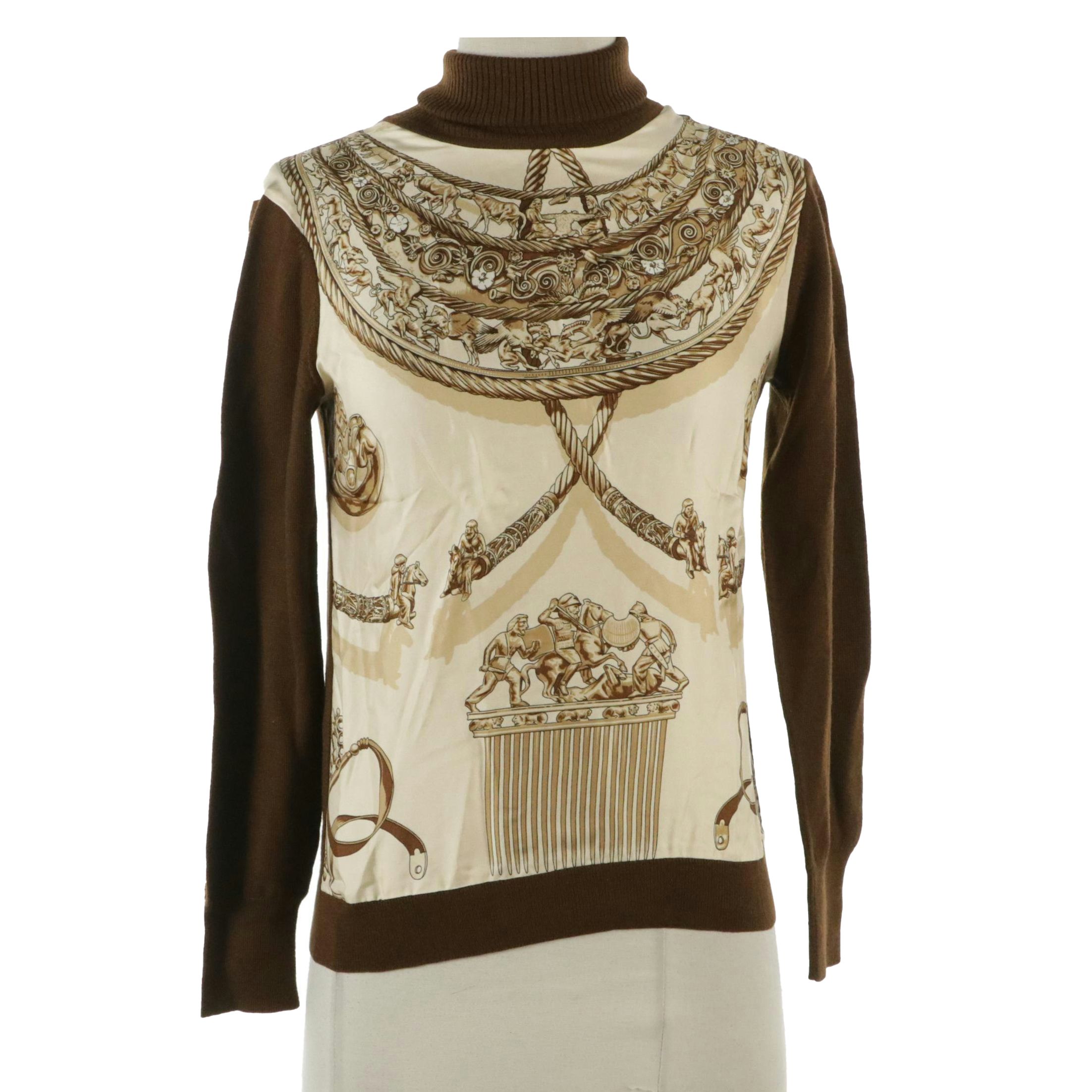Hermès Turtleneck Top in "Les Cavaliers d’Or" Silk Twill and Brown Wool, 1970s
