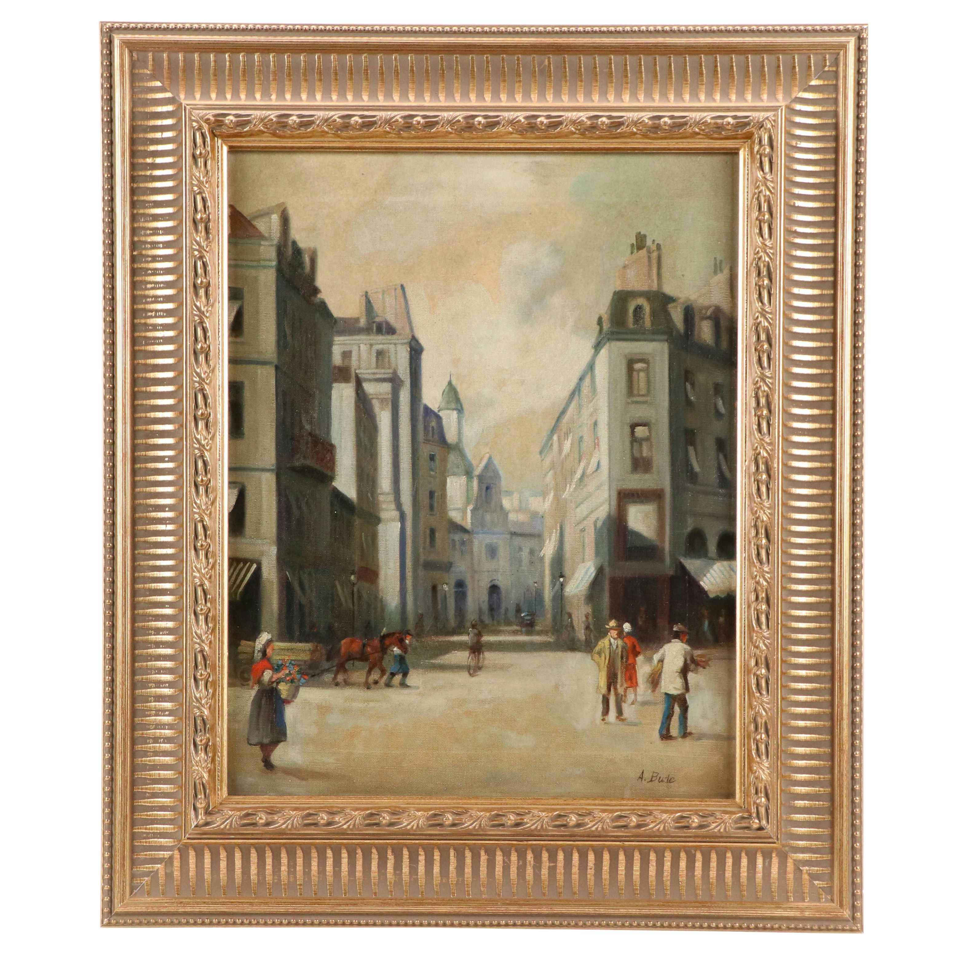 European Street Scene Oil Painting, Circa 1920