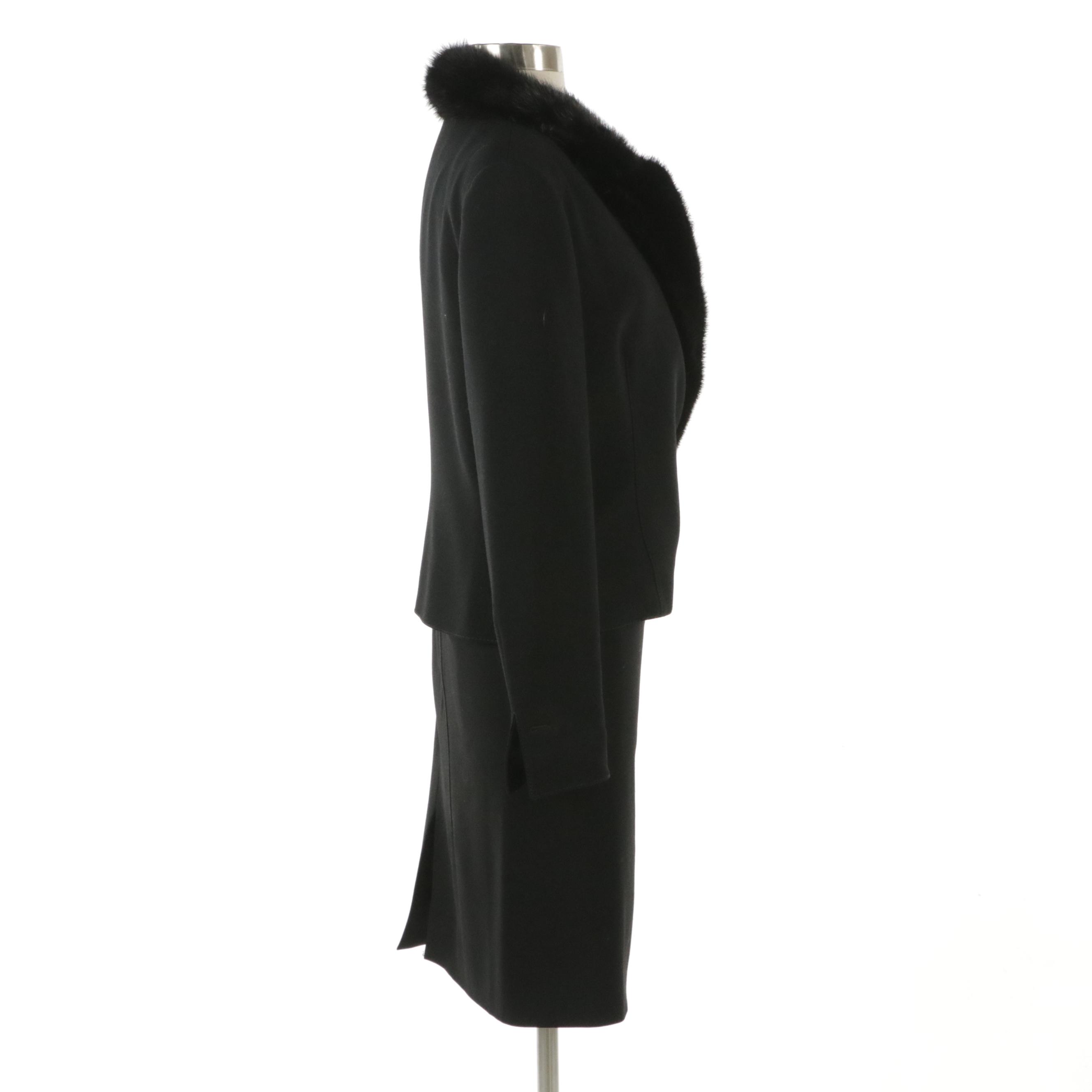 Valentino Black Wool Skirt Suit with Mink Fur Trim