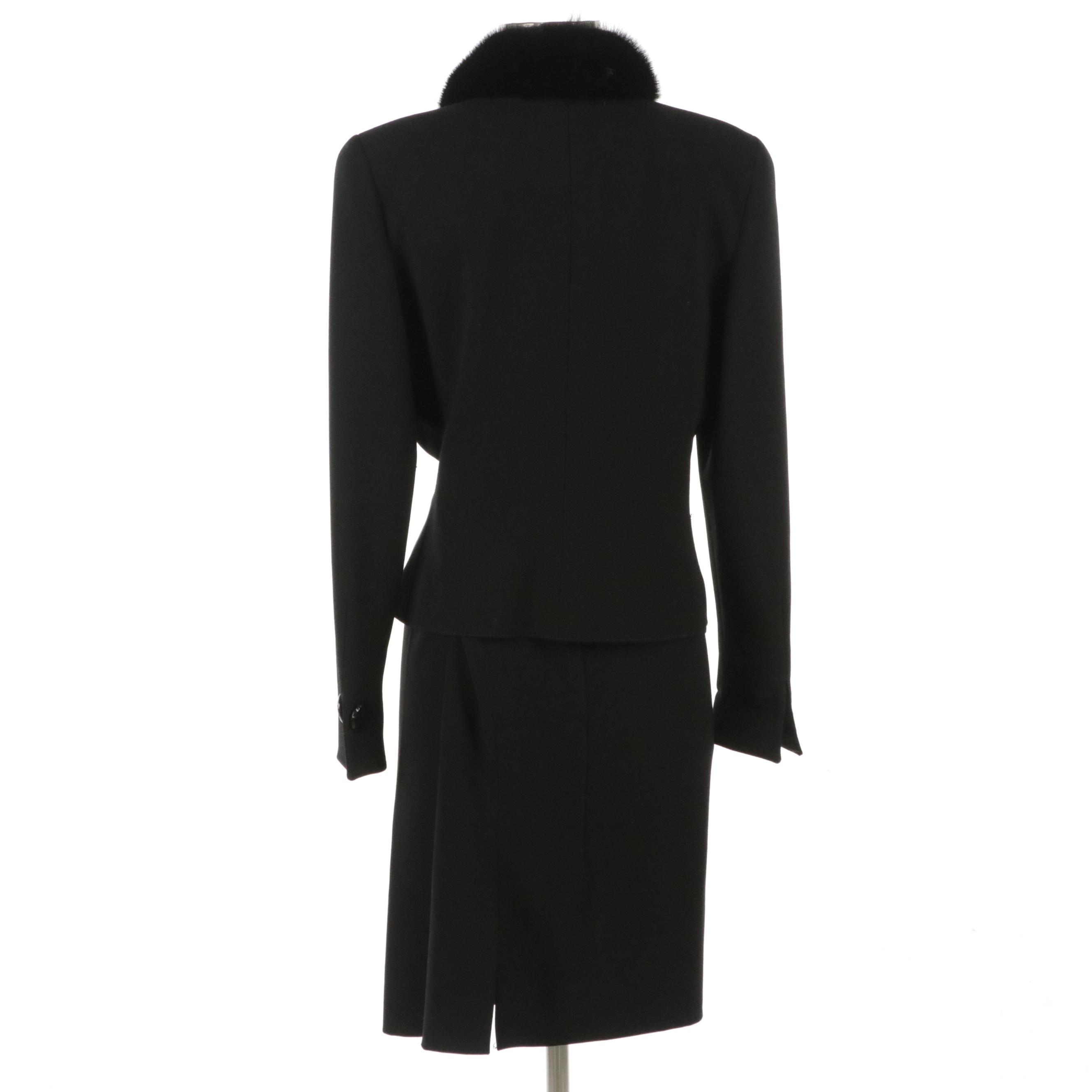 Valentino Black Wool Skirt Suit with Mink Fur Trim
