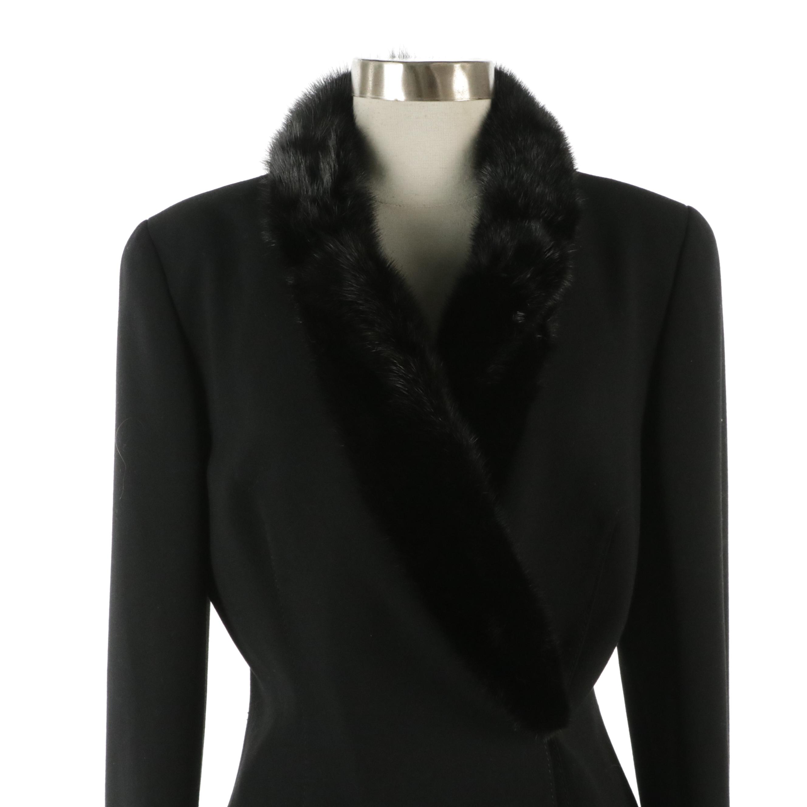 Valentino Black Wool Skirt Suit with Mink Fur Trim