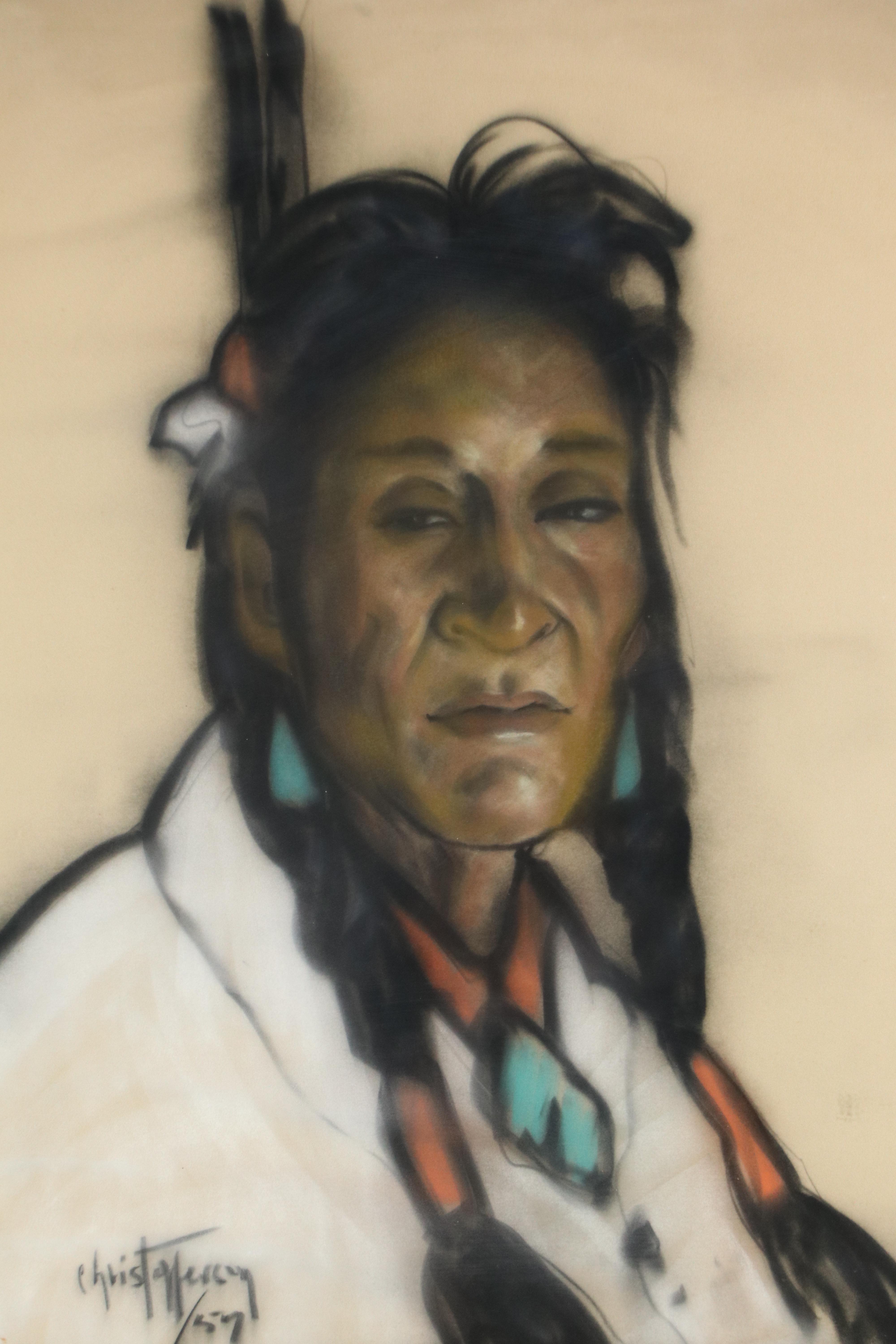 Gerda Christoffersen Pastel Portrait of Indigenous American, 1957