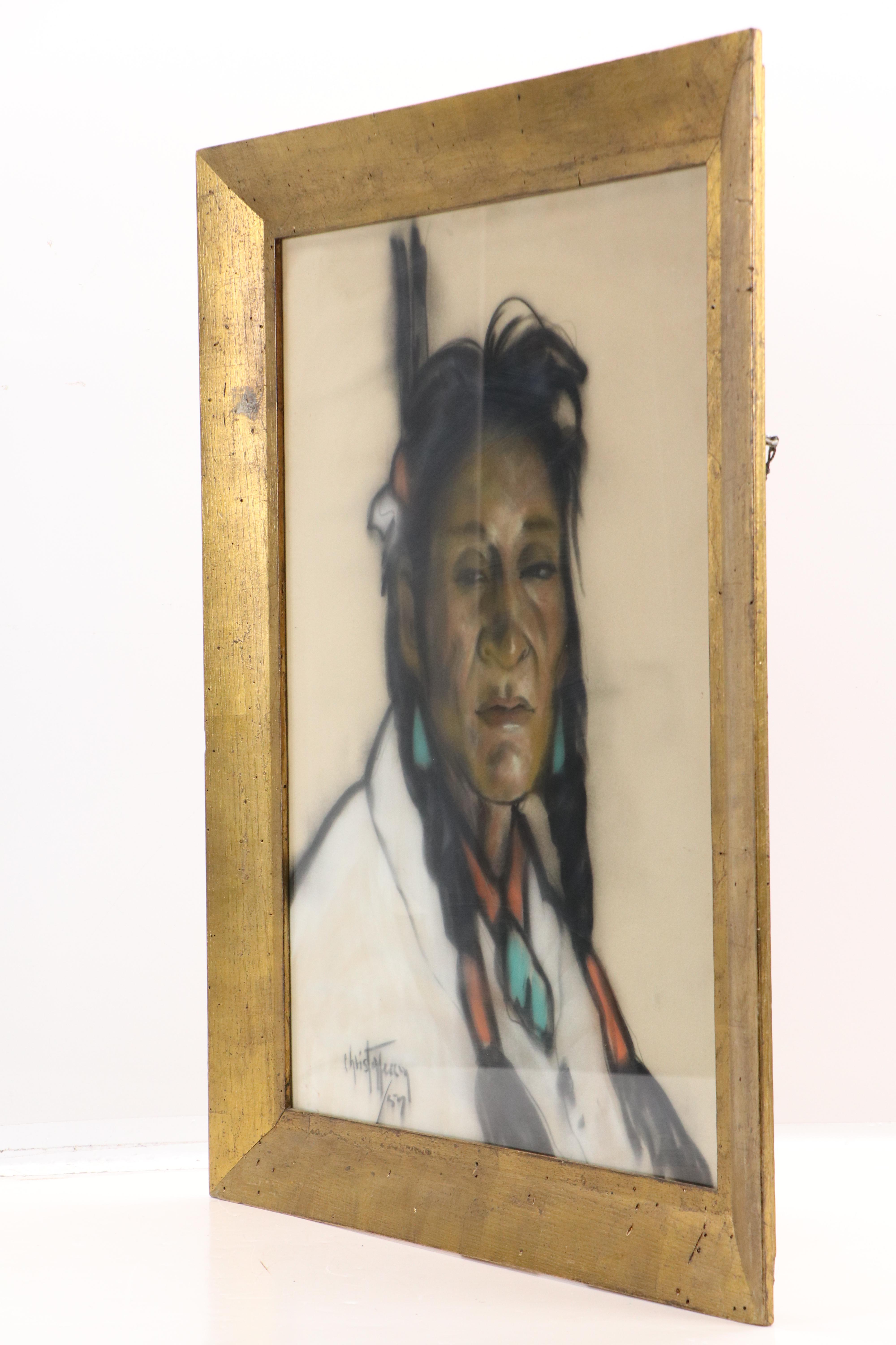 Gerda Christoffersen Pastel Portrait of Indigenous American, 1957
