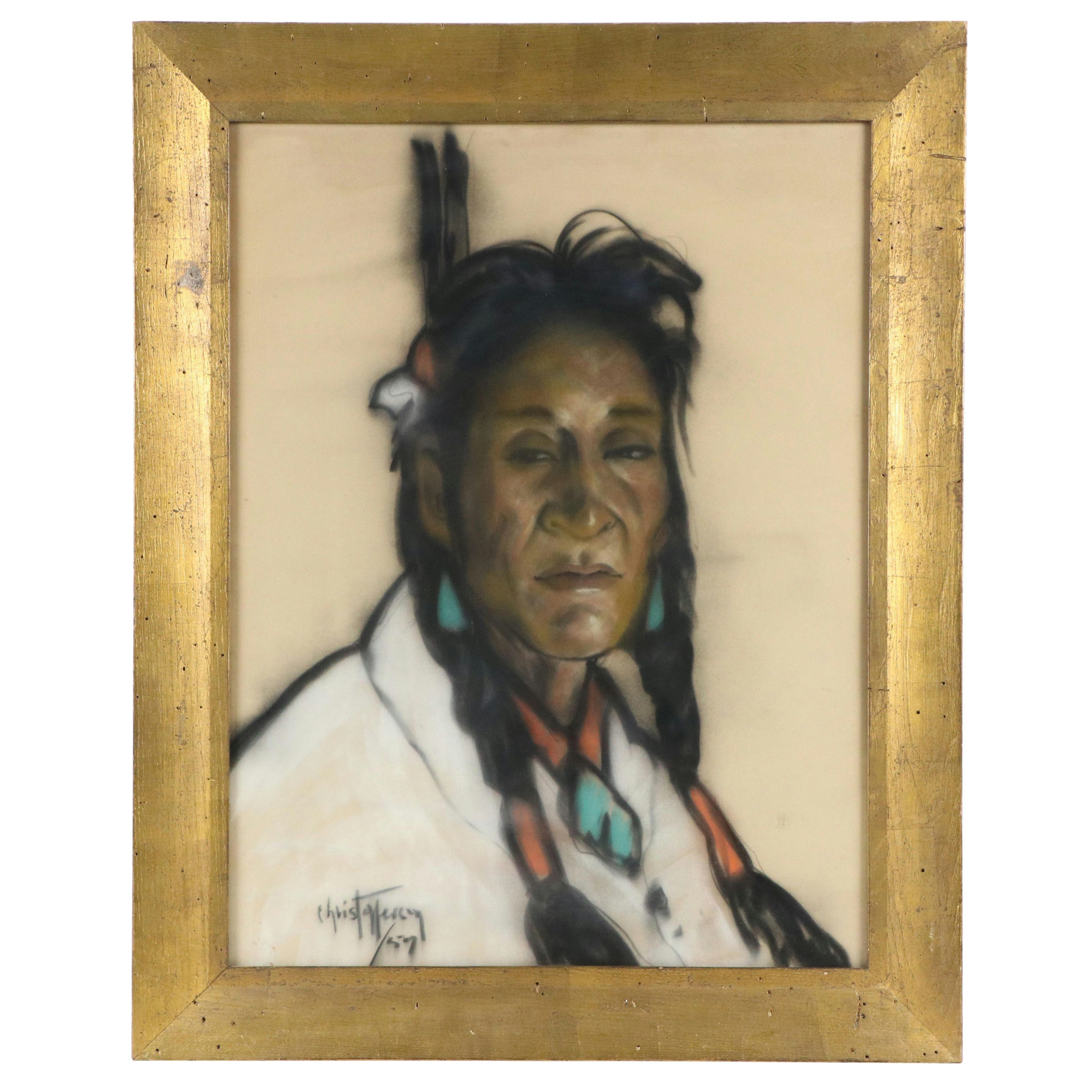 Gerda Christoffersen Pastel Portrait of Indigenous American, 1957