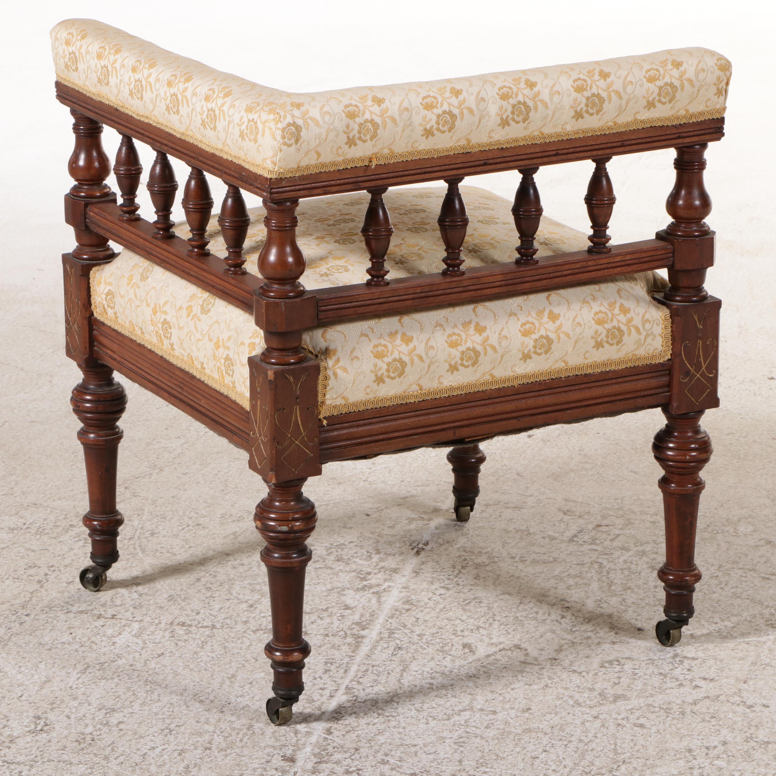 Victorian Eastlake Style Walnut and Upholstered Corner Chair