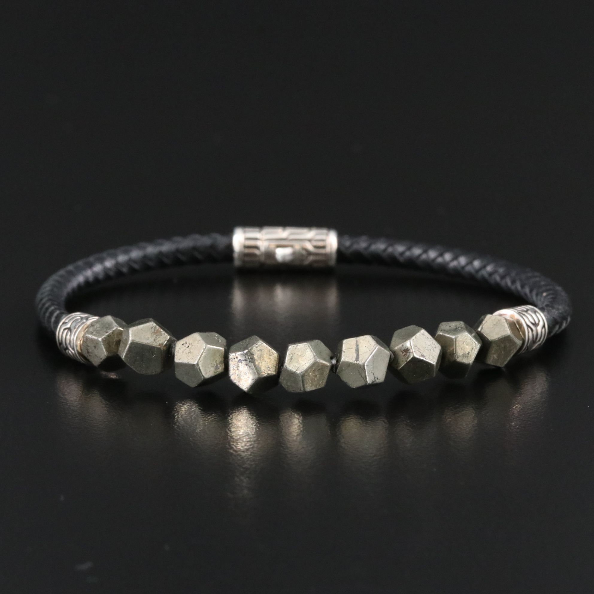 John Hardy Asli Sterling and Pyrite Bead Braided Leather Bracelet