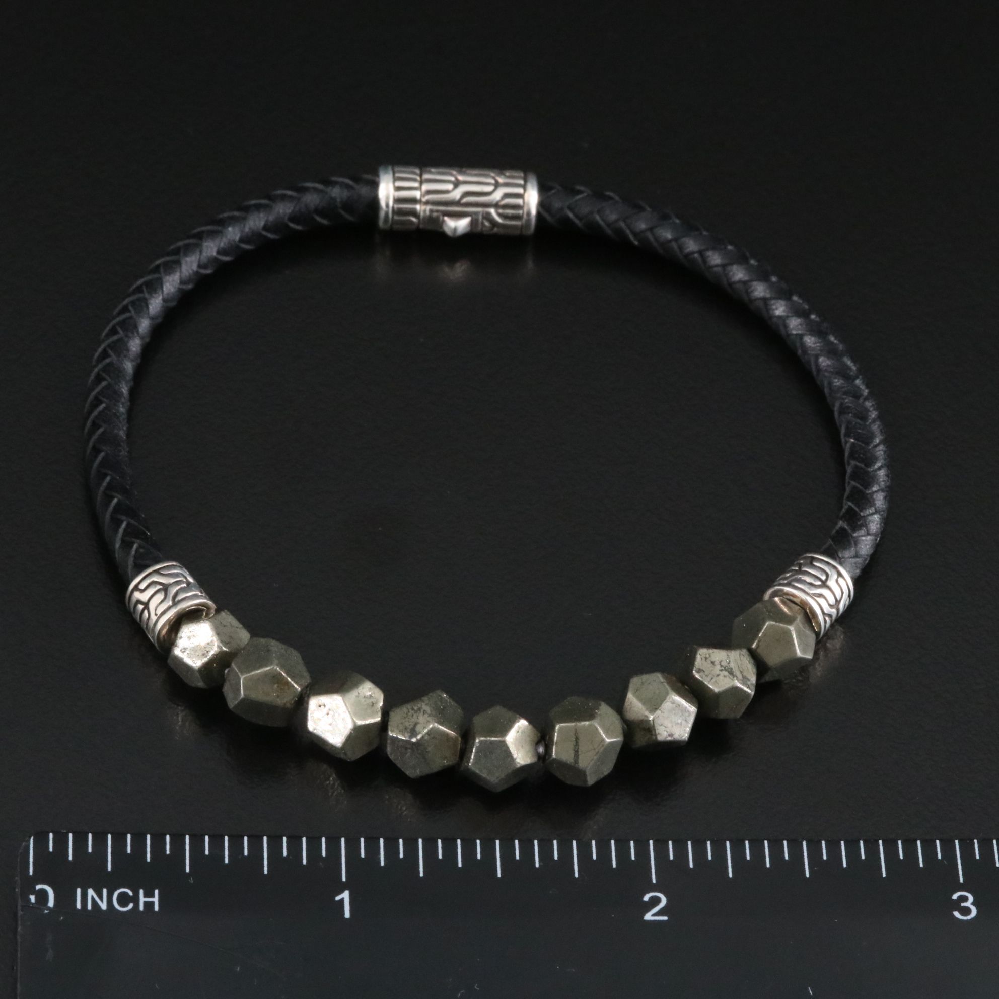 John Hardy Asli Sterling and Pyrite Bead Braided Leather Bracelet
