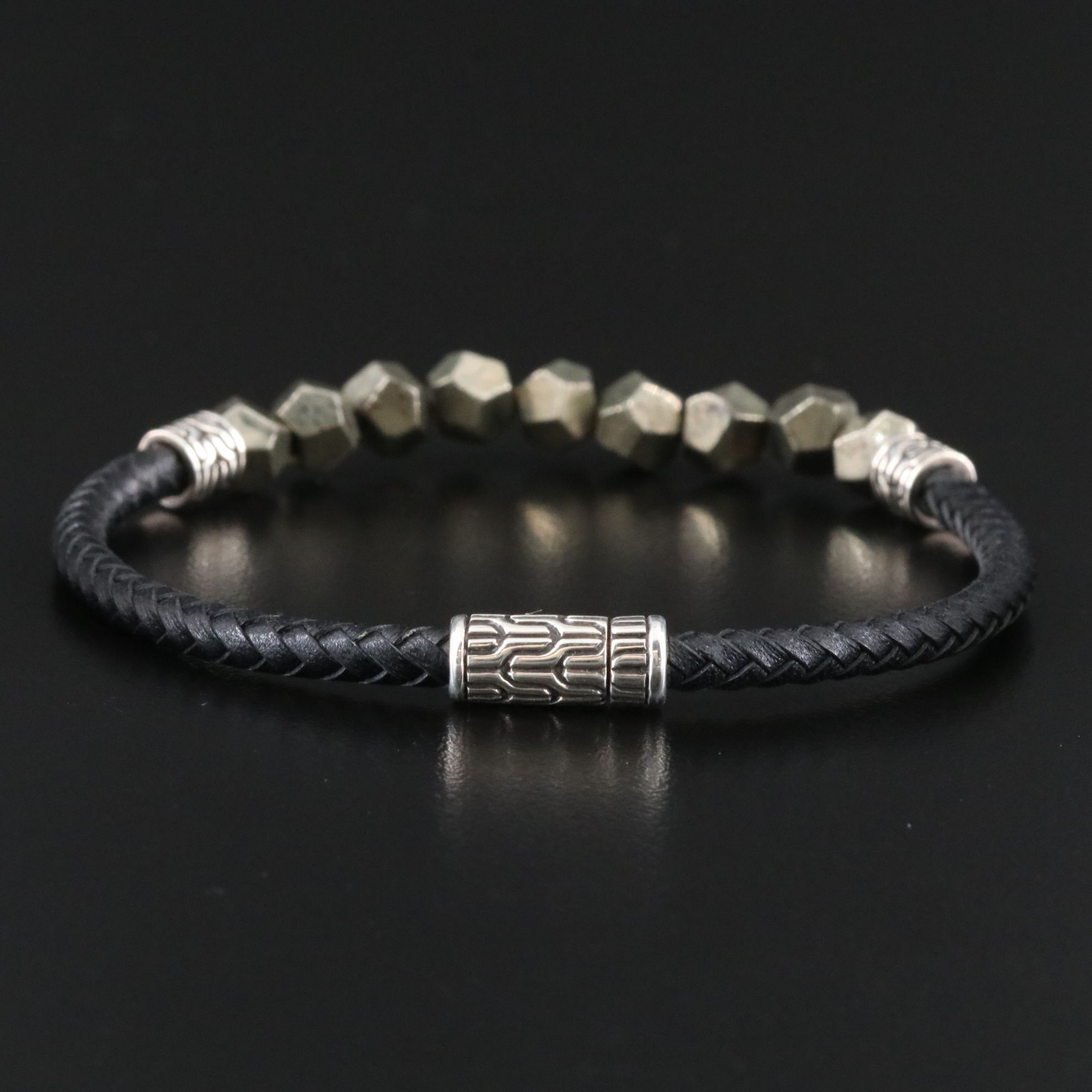 John Hardy Asli Sterling and Pyrite Bead Braided Leather Bracelet