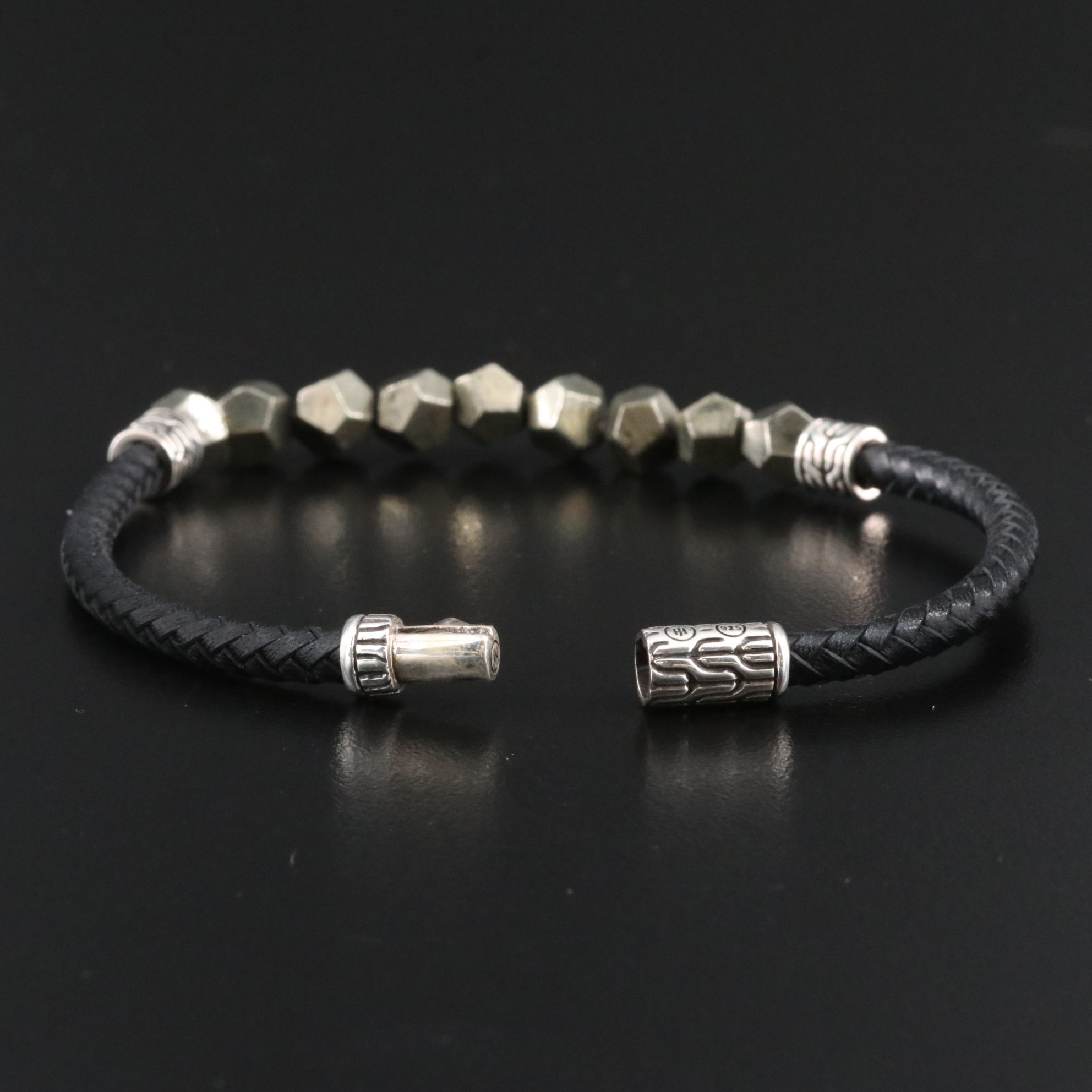 John Hardy Asli Sterling and Pyrite Bead Braided Leather Bracelet
