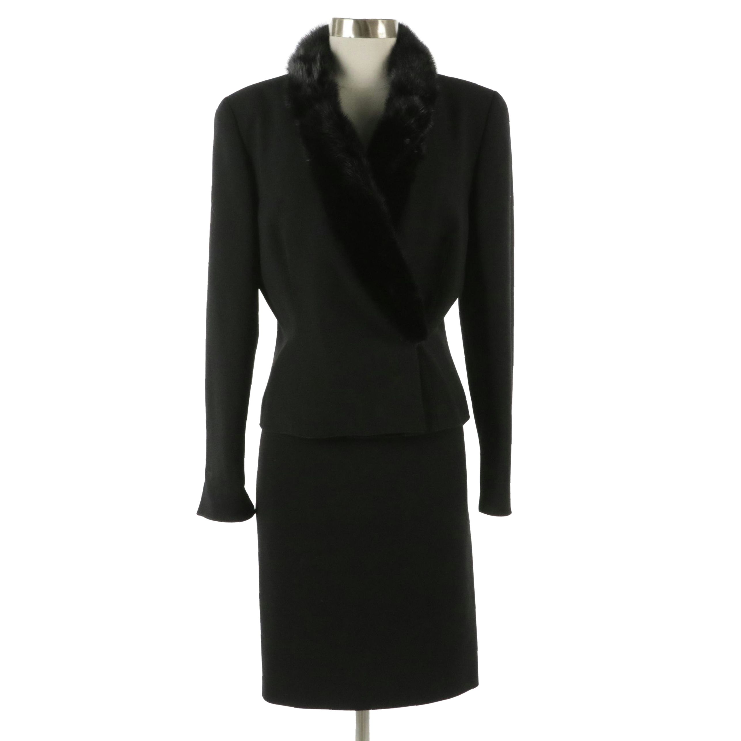 Valentino Black Wool Skirt Suit with Mink Fur Trim