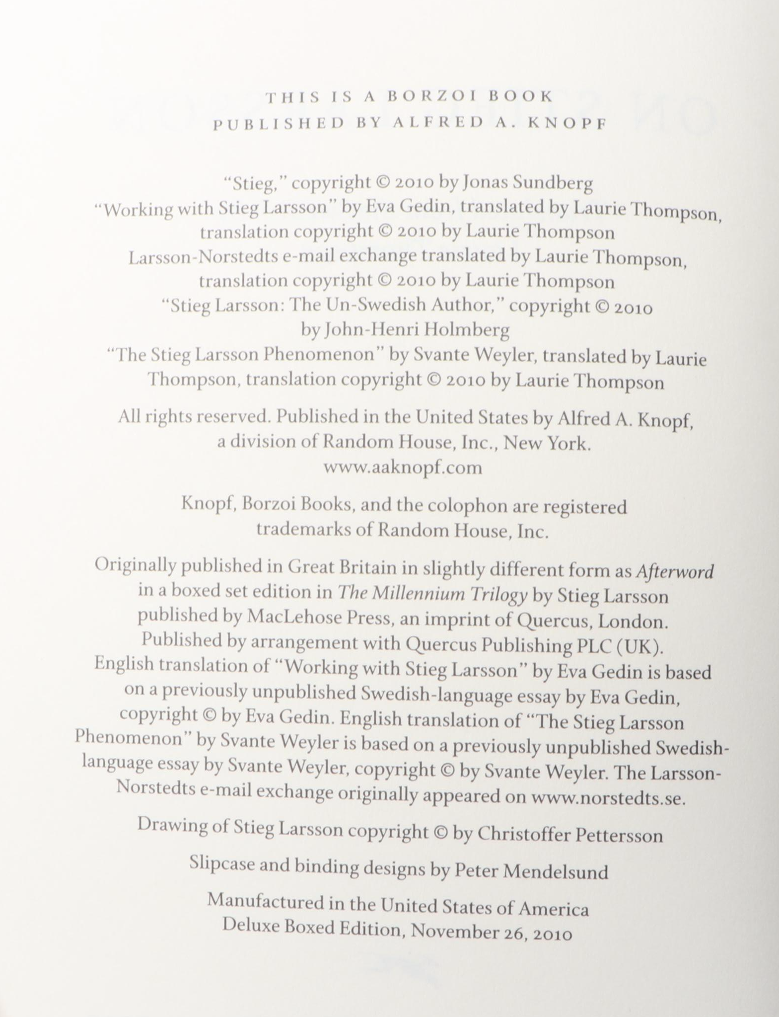 Deluxe Boxed Edition "The Millennium Trilogy" by Stieg Larsson, 2010