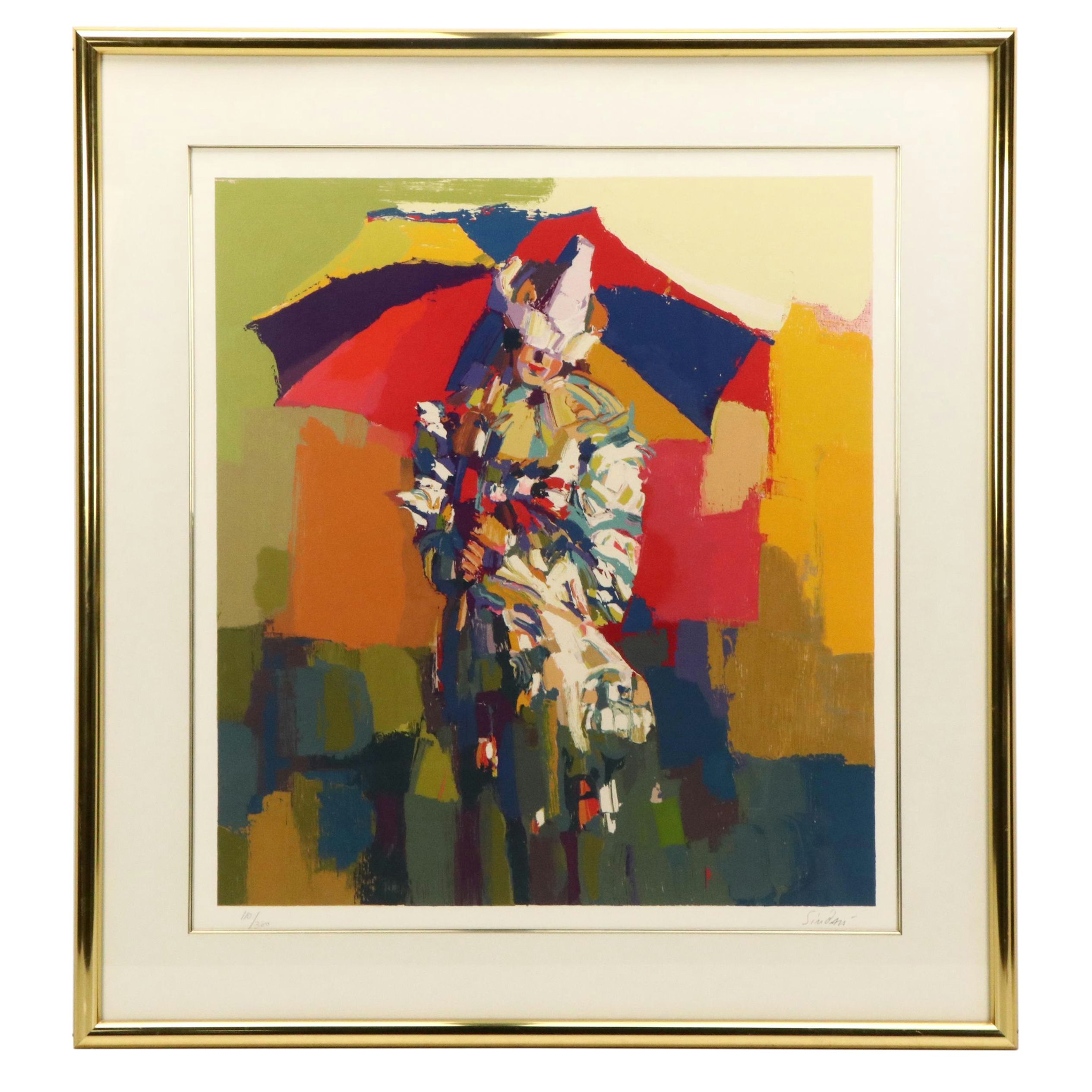 Nicola Simbari Hand-Embellished Serigraph "Clown à l'Ombrelle"