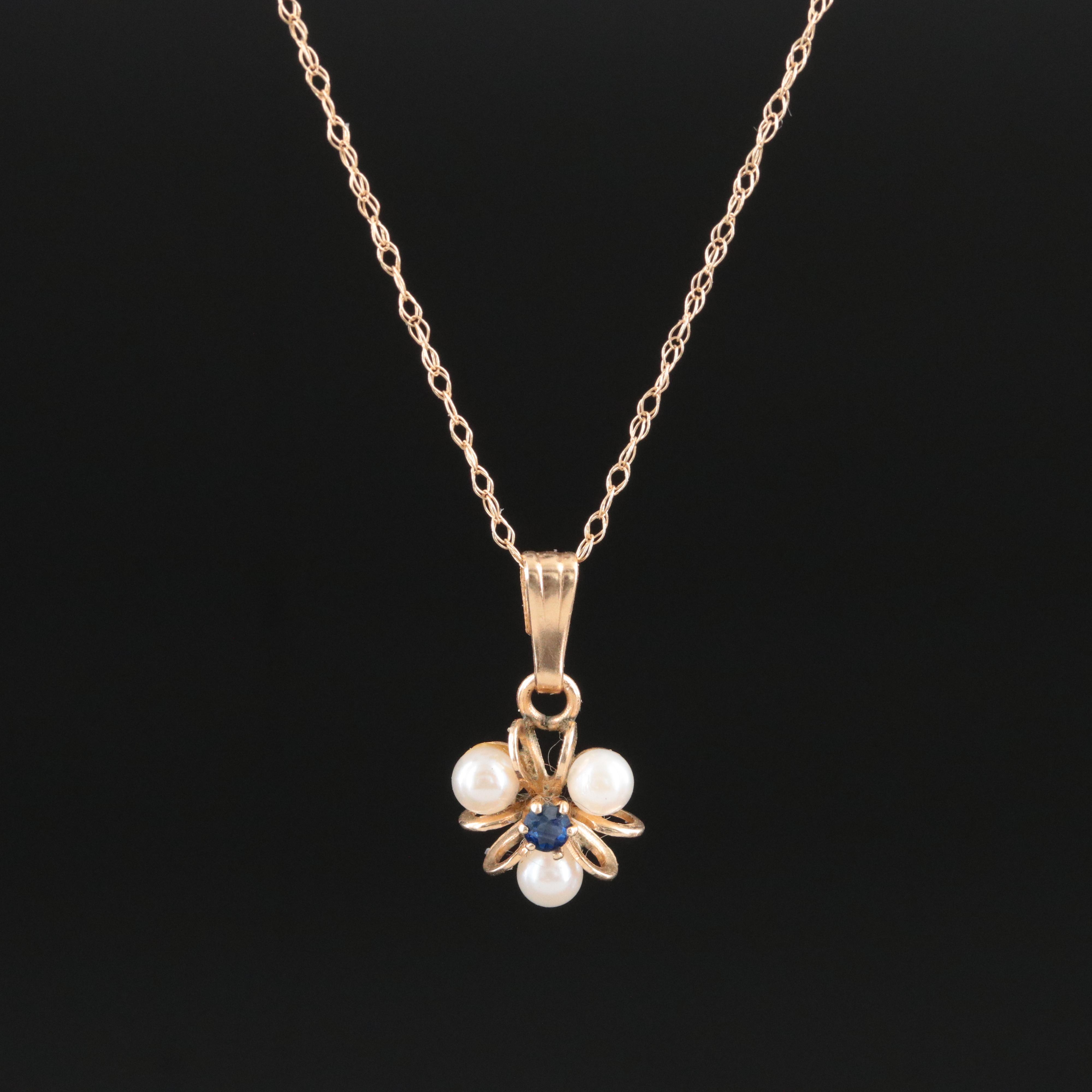14K Pearl and Sapphire Pendant on 10K Necklace