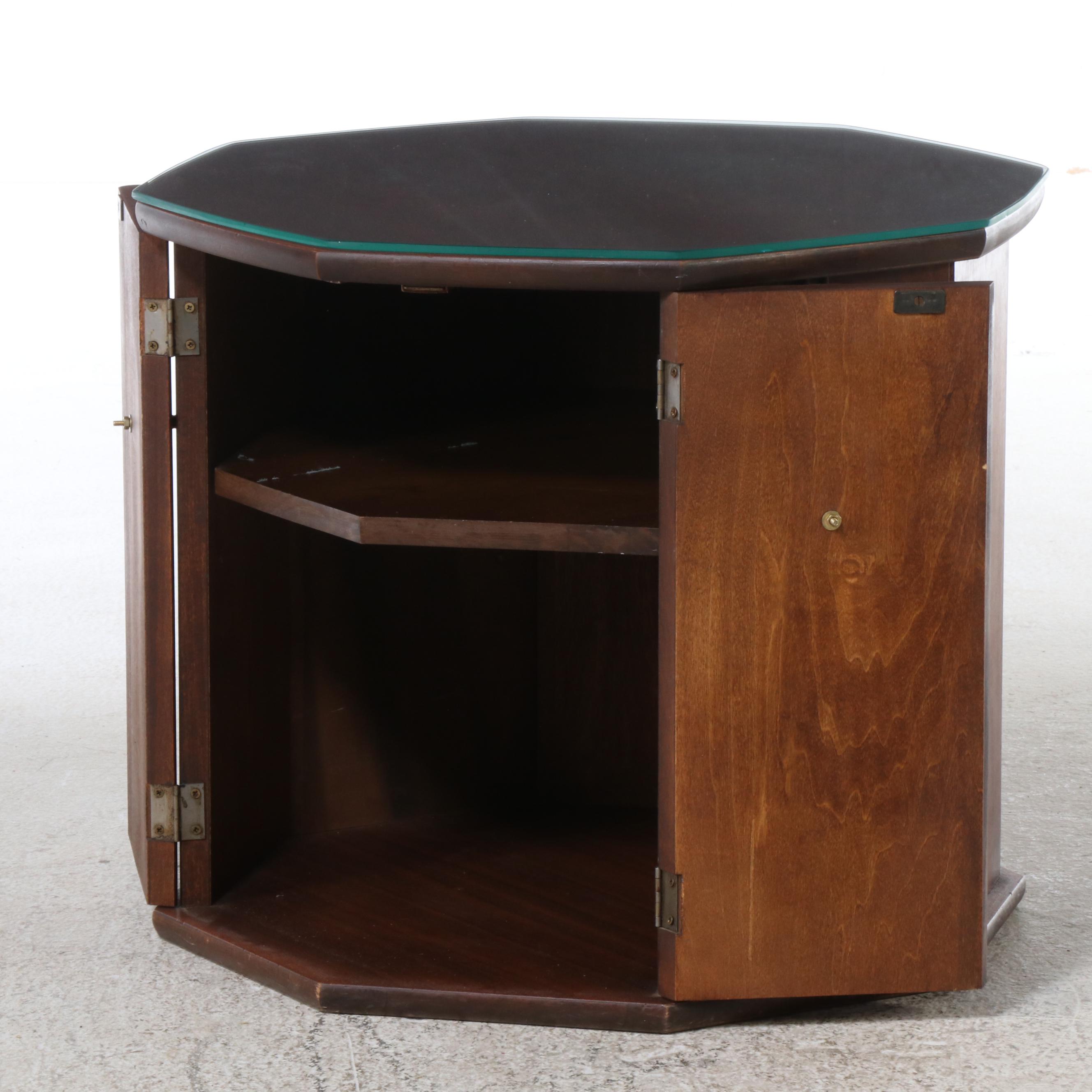 Mid Century Style Walnut Finish Hexagonal Drum Table, Mid to Late 20th Century