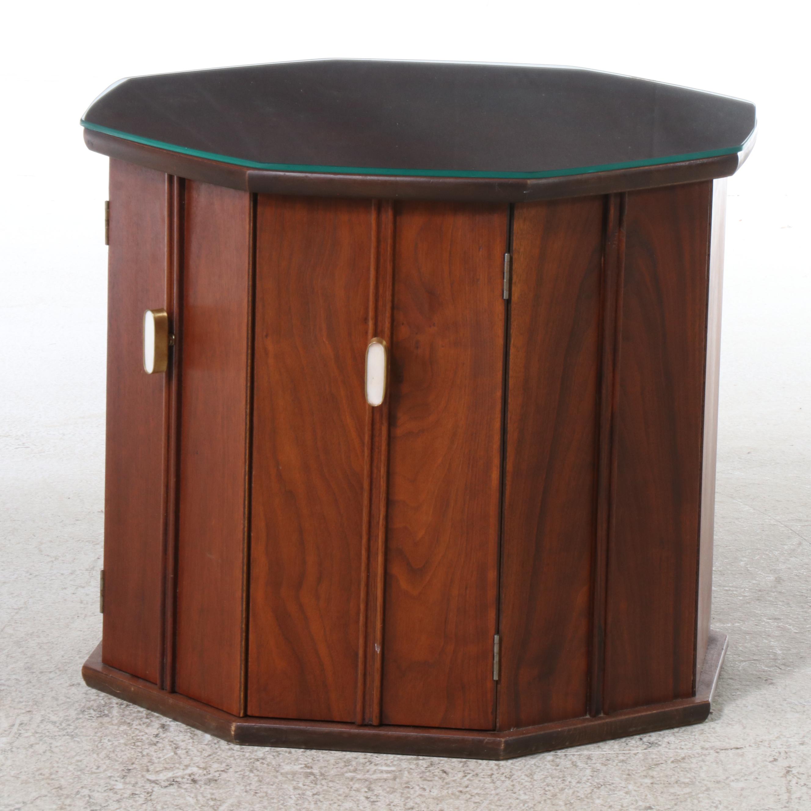 Mid Century Style Walnut Finish Hexagonal Drum Table, Mid to Late 20th Century