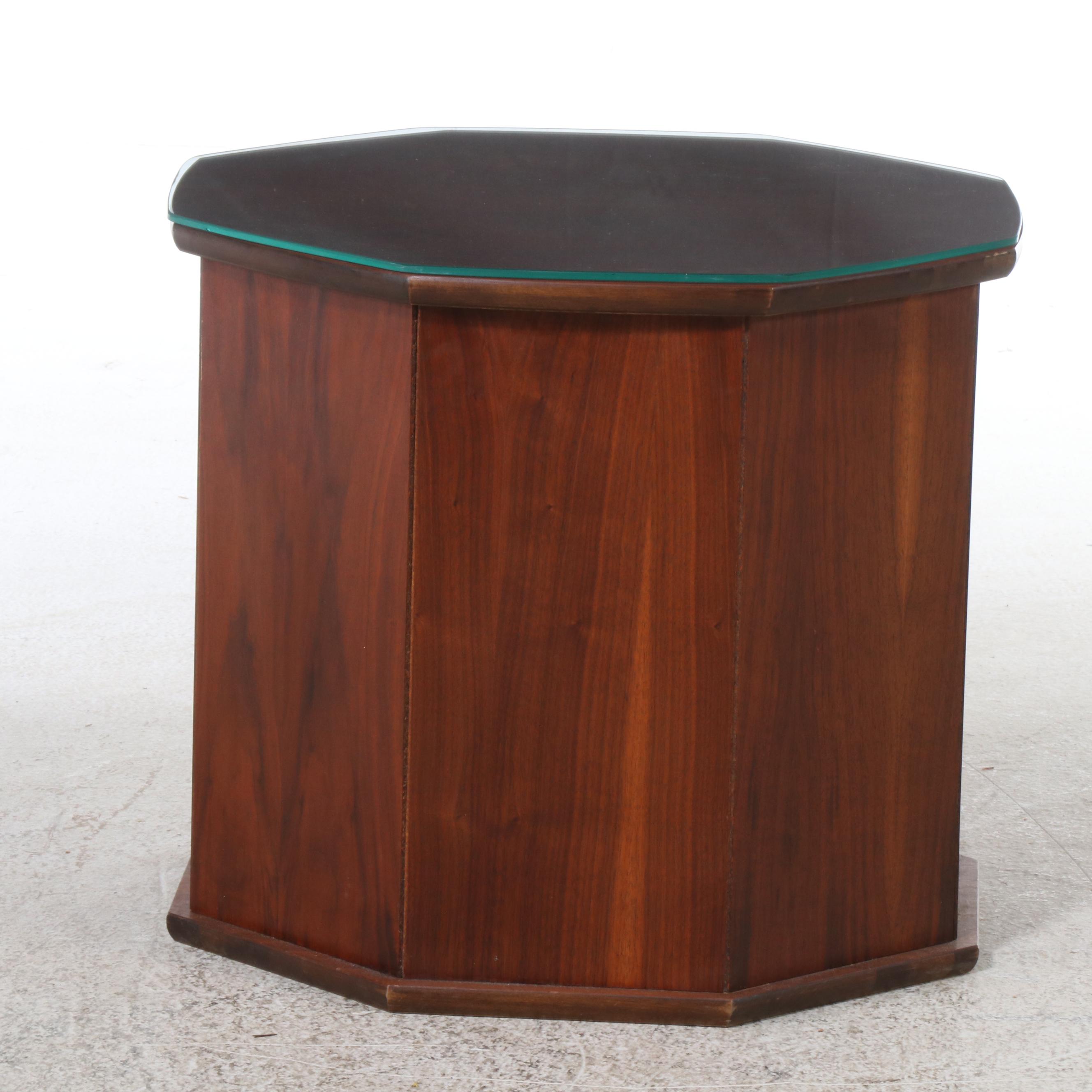 Mid Century Style Walnut Finish Hexagonal Drum Table, Mid to Late 20th Century