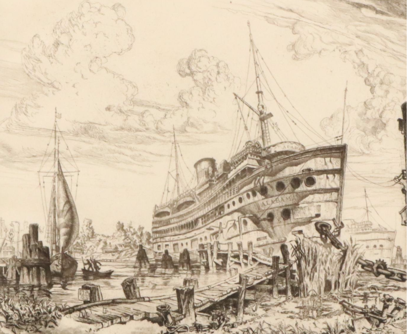 Reynold Henry Weidenaar Nautical Etching of Port Scene "Alabama," 1948