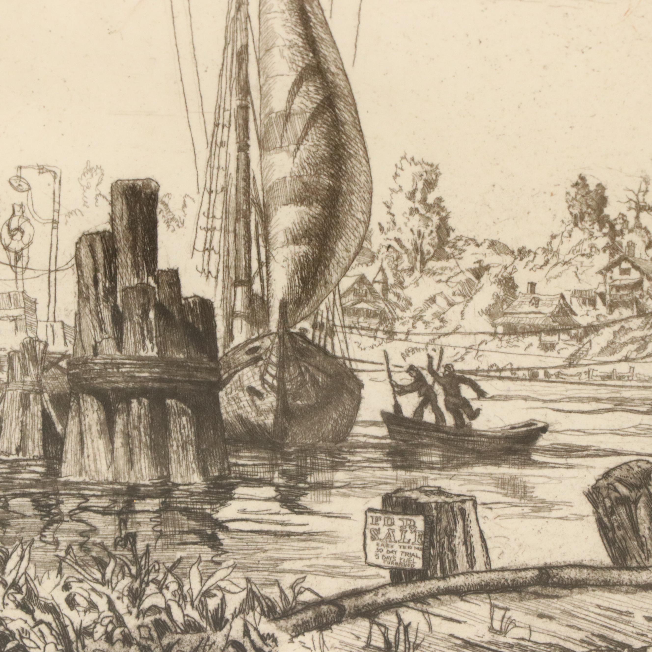 Reynold Henry Weidenaar Nautical Etching of Port Scene "Alabama," 1948