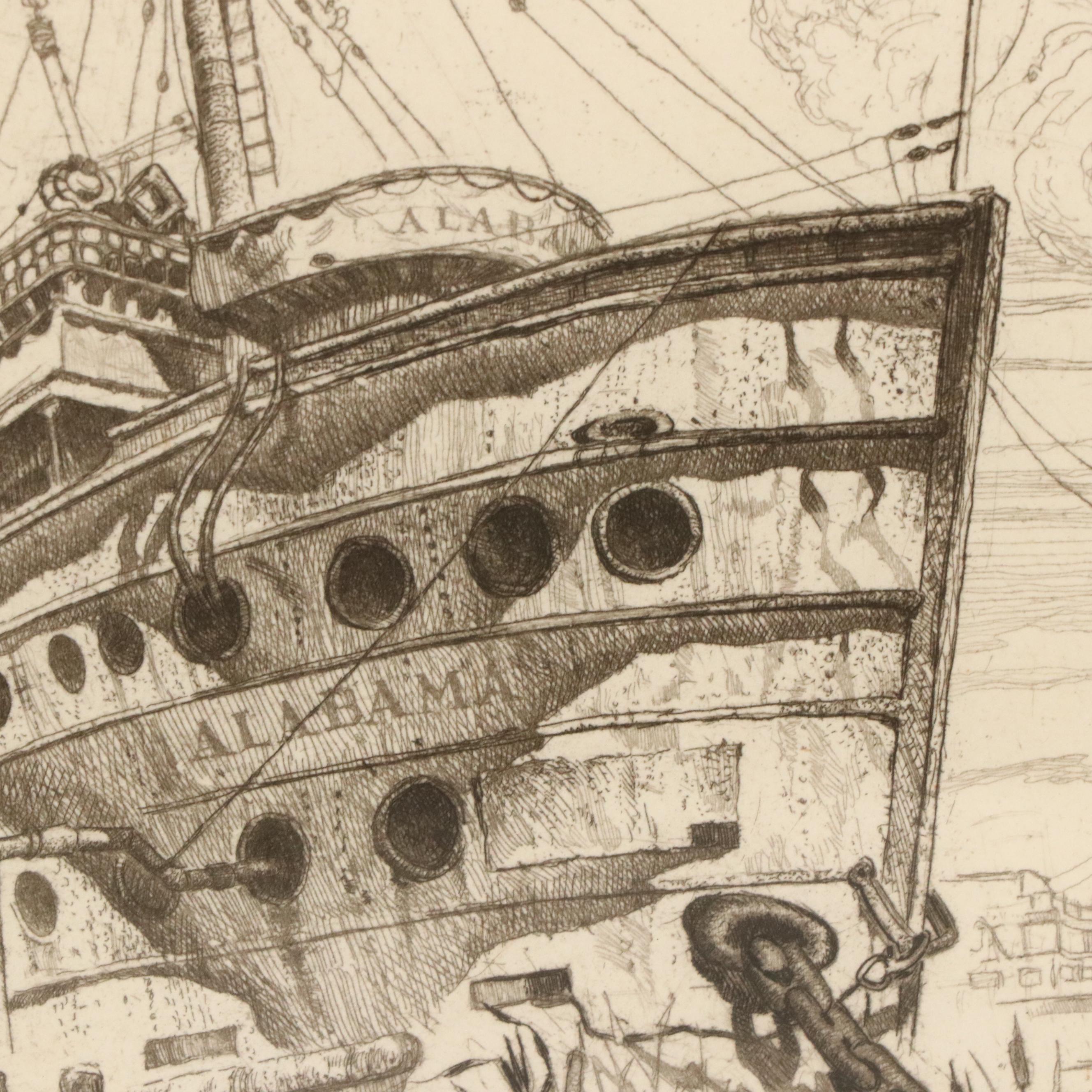 Reynold Henry Weidenaar Nautical Etching of Port Scene "Alabama," 1948