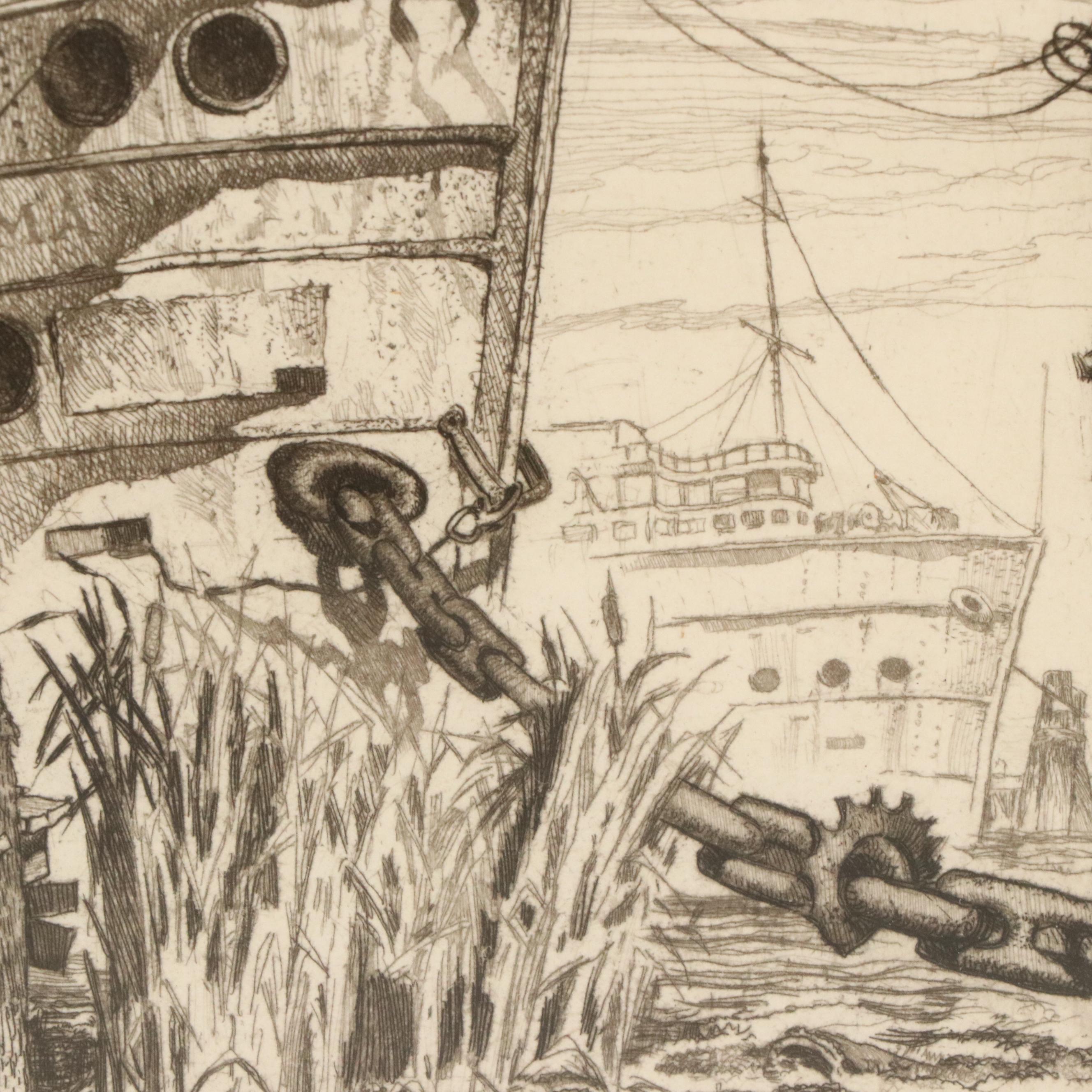 Reynold Henry Weidenaar Nautical Etching of Port Scene "Alabama," 1948