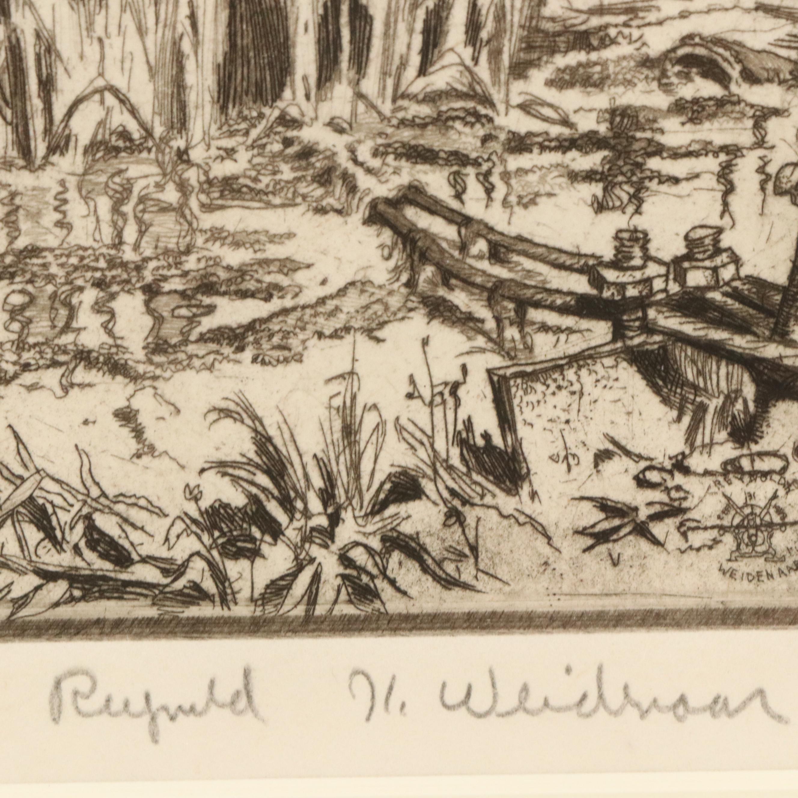 Reynold Henry Weidenaar Nautical Etching of Port Scene "Alabama," 1948