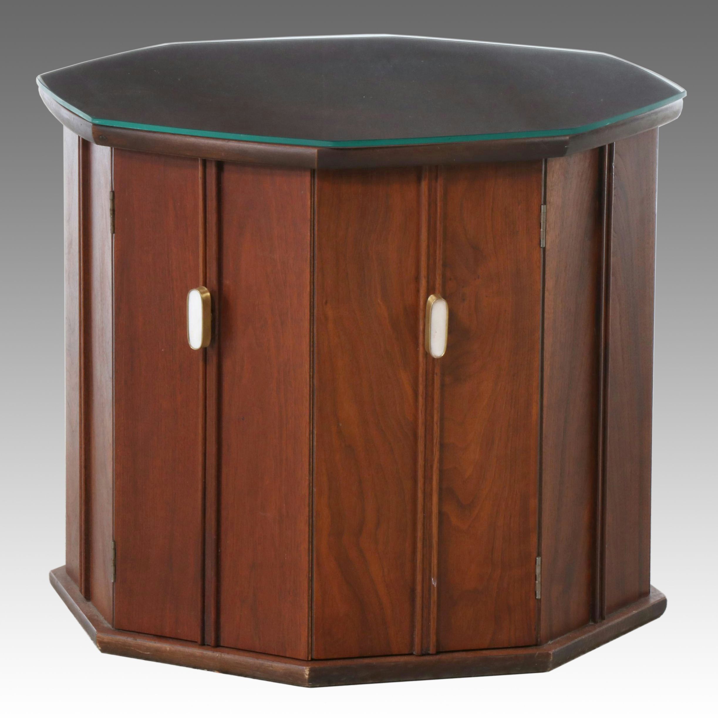Mid Century Style Walnut Finish Hexagonal Drum Table, Mid to Late 20th Century