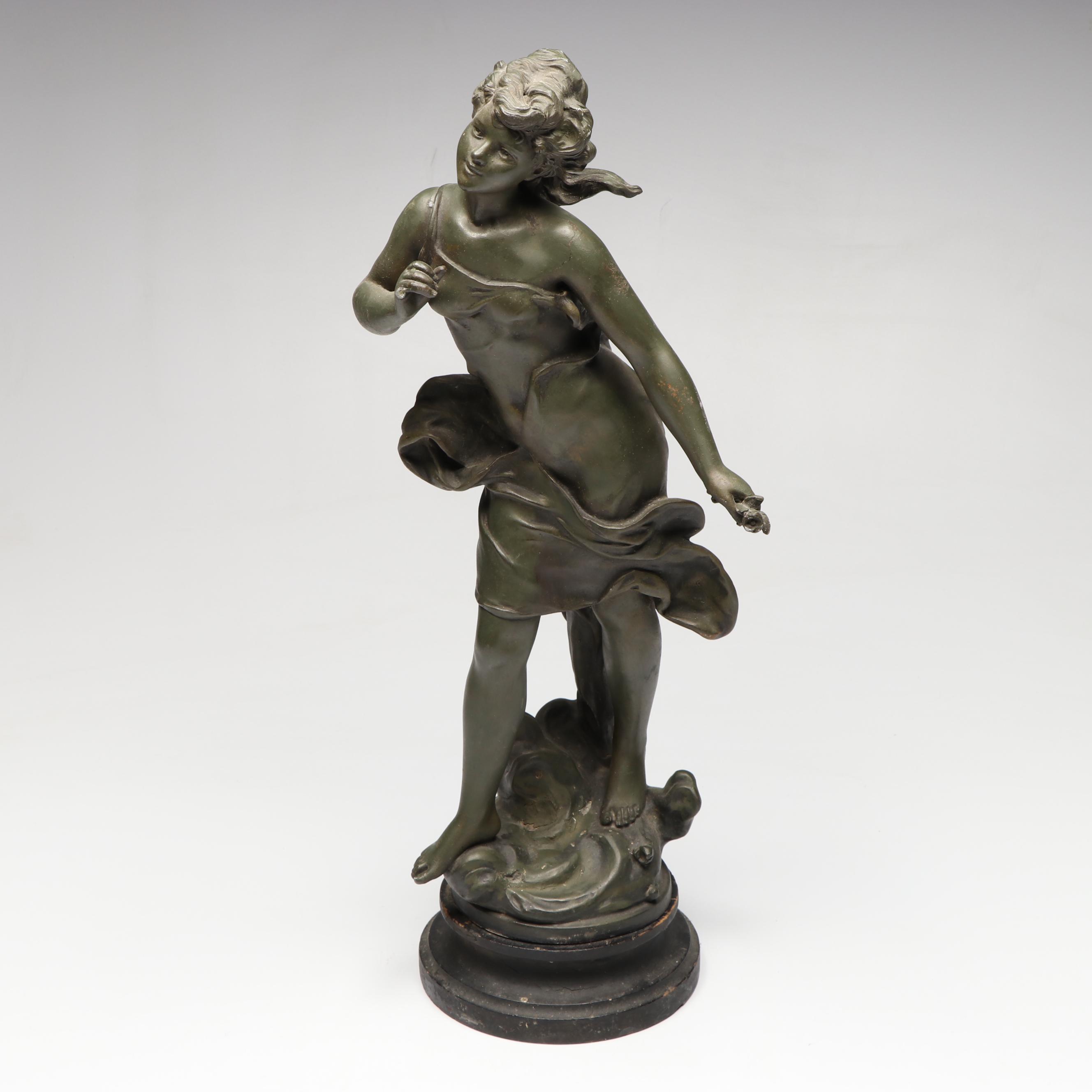 Art Nouveau Cast Spelter Young Girl Figurine After Hippolyte Moreau