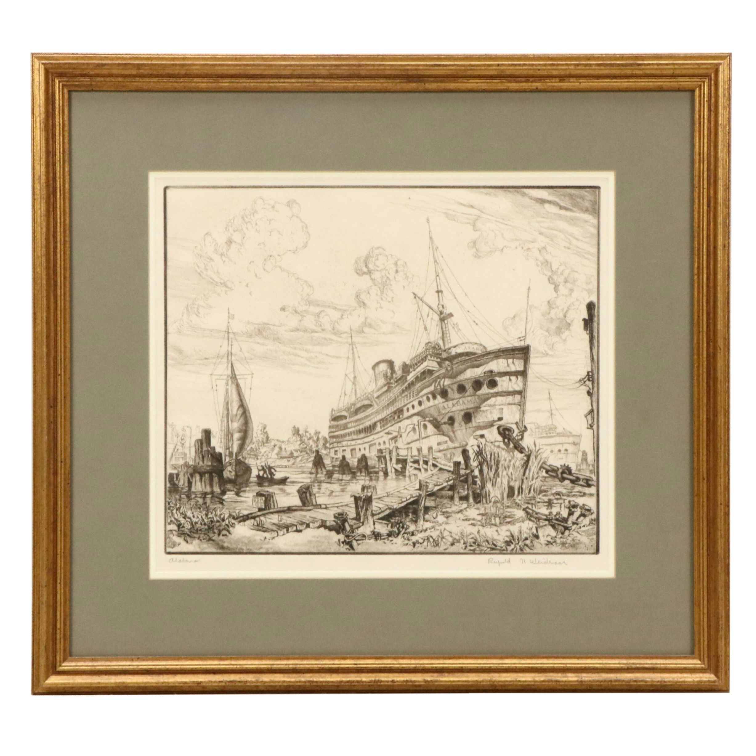 Reynold Henry Weidenaar Nautical Etching of Port Scene "Alabama," 1948
