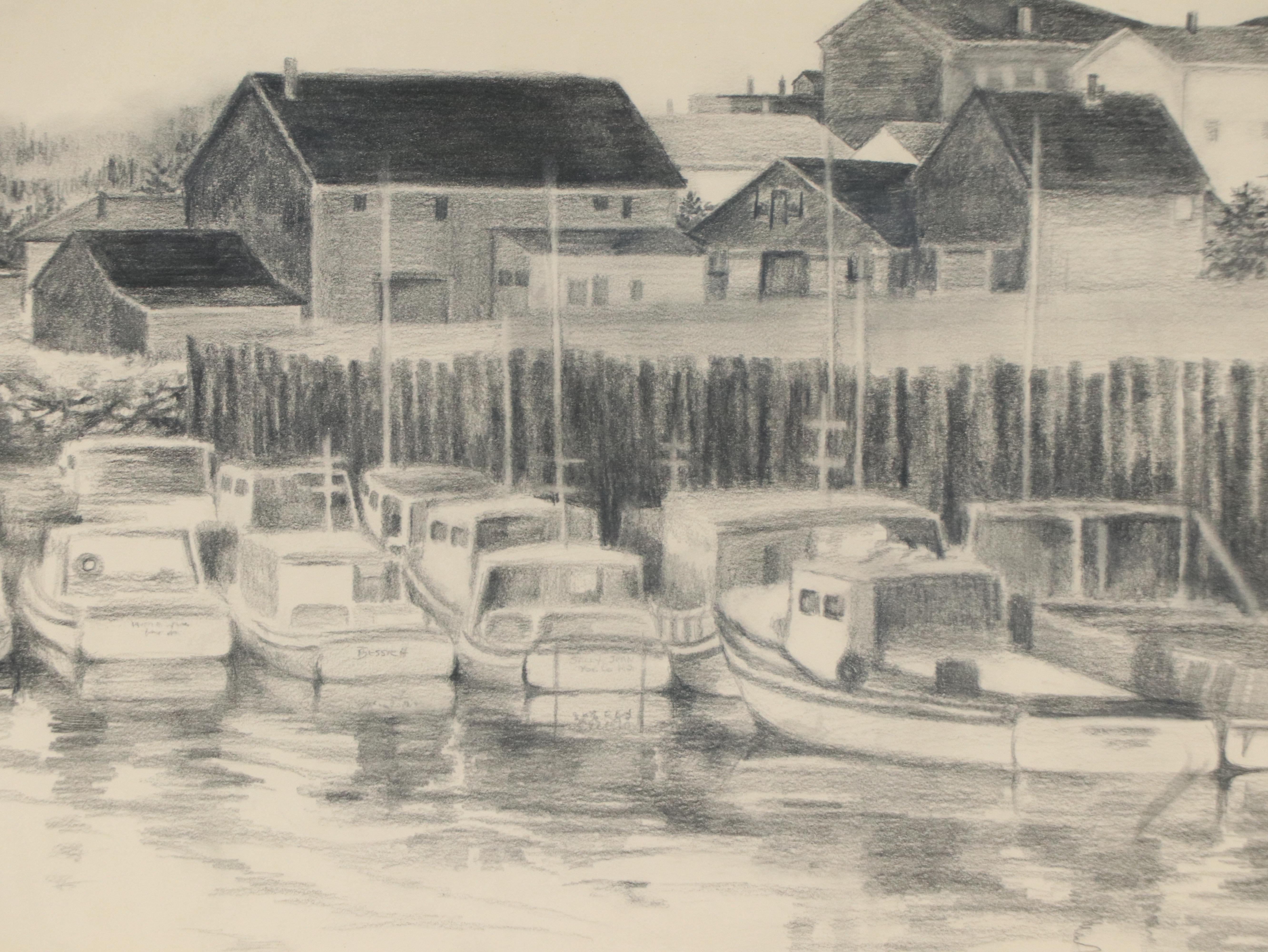 Herman Wessel Nautical Graphite Drawing of Marina Scene