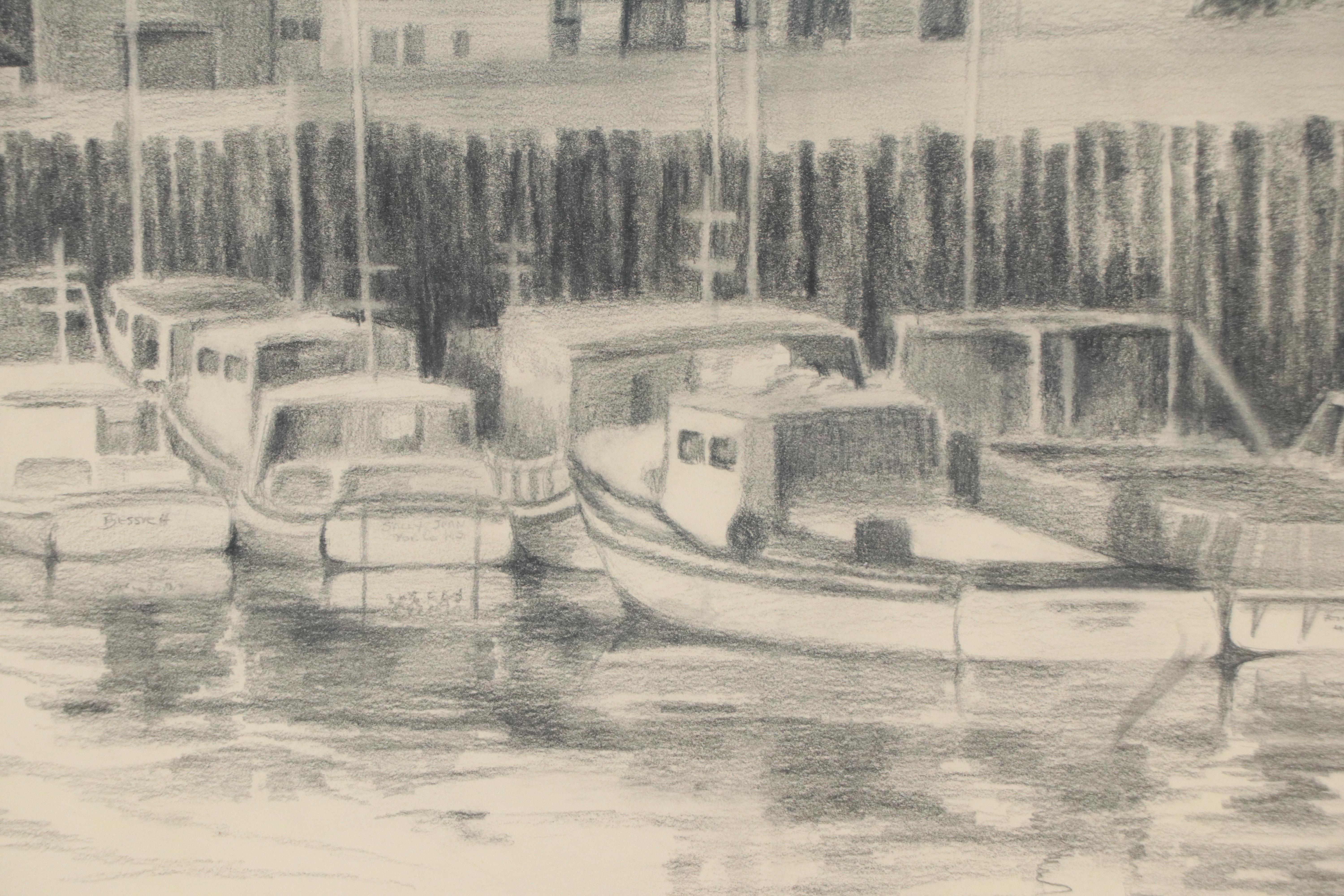Herman Wessel Nautical Graphite Drawing of Marina Scene