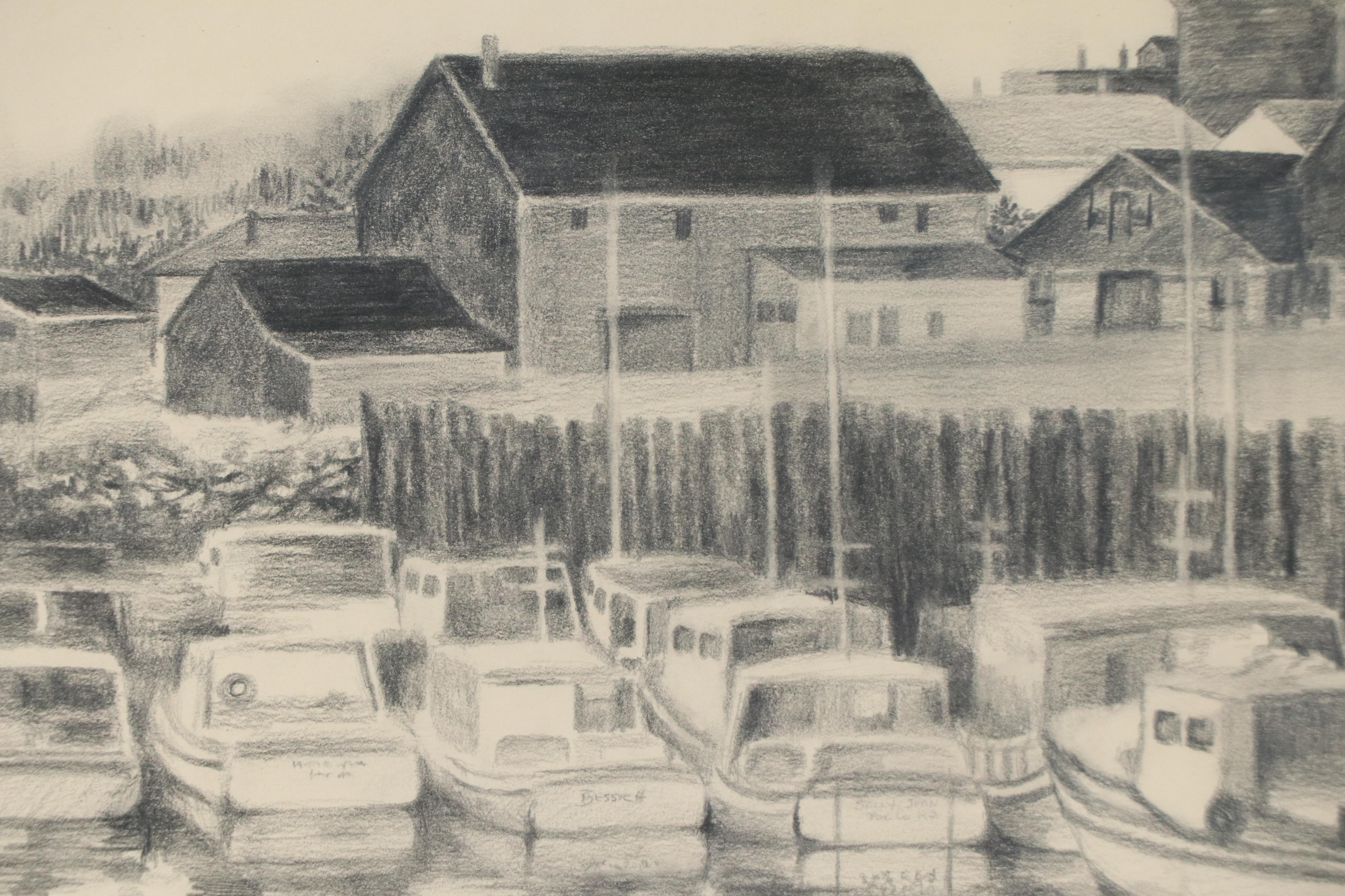 Herman Wessel Nautical Graphite Drawing of Marina Scene