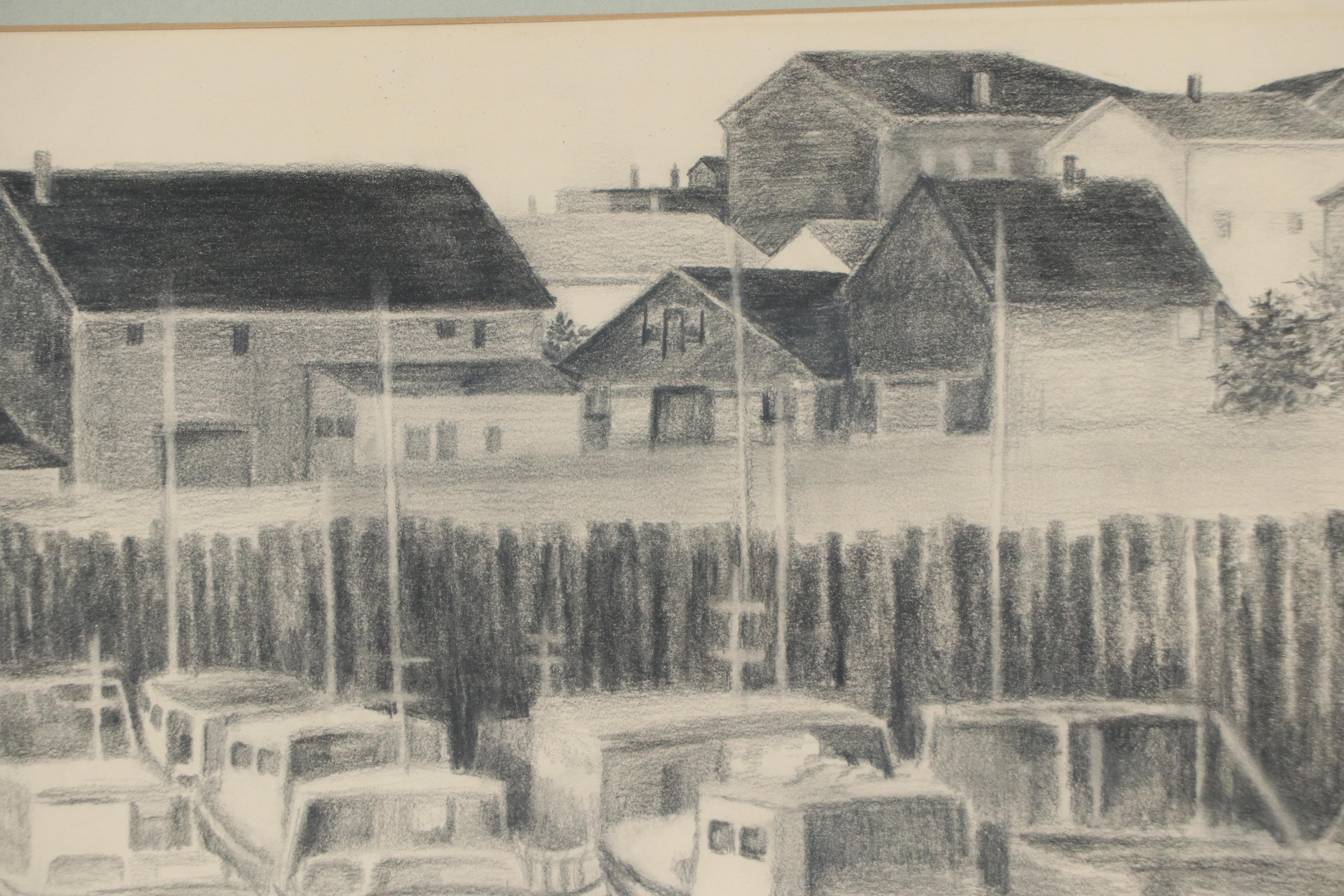Herman Wessel Nautical Graphite Drawing of Marina Scene