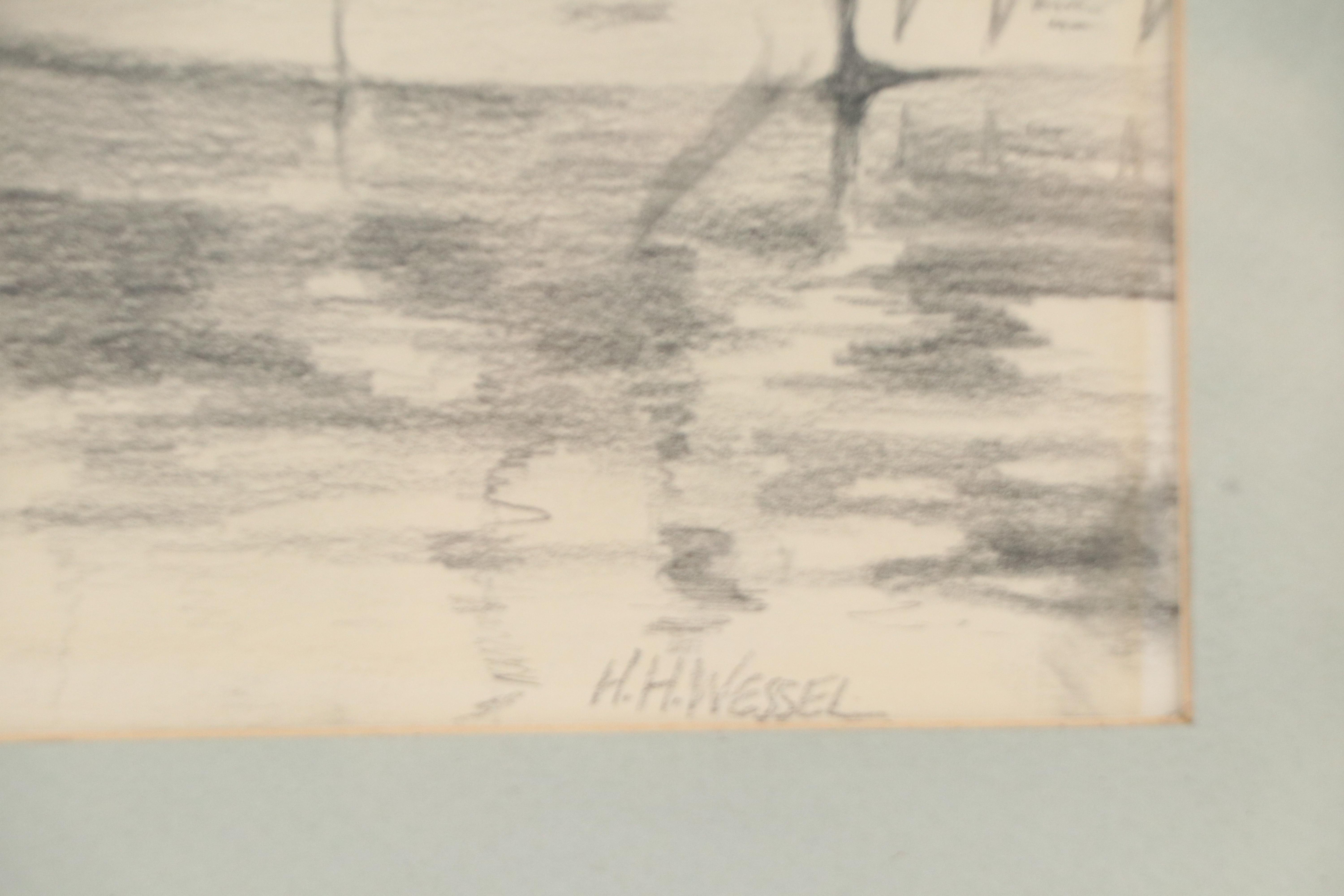 Herman Wessel Nautical Graphite Drawing of Marina Scene