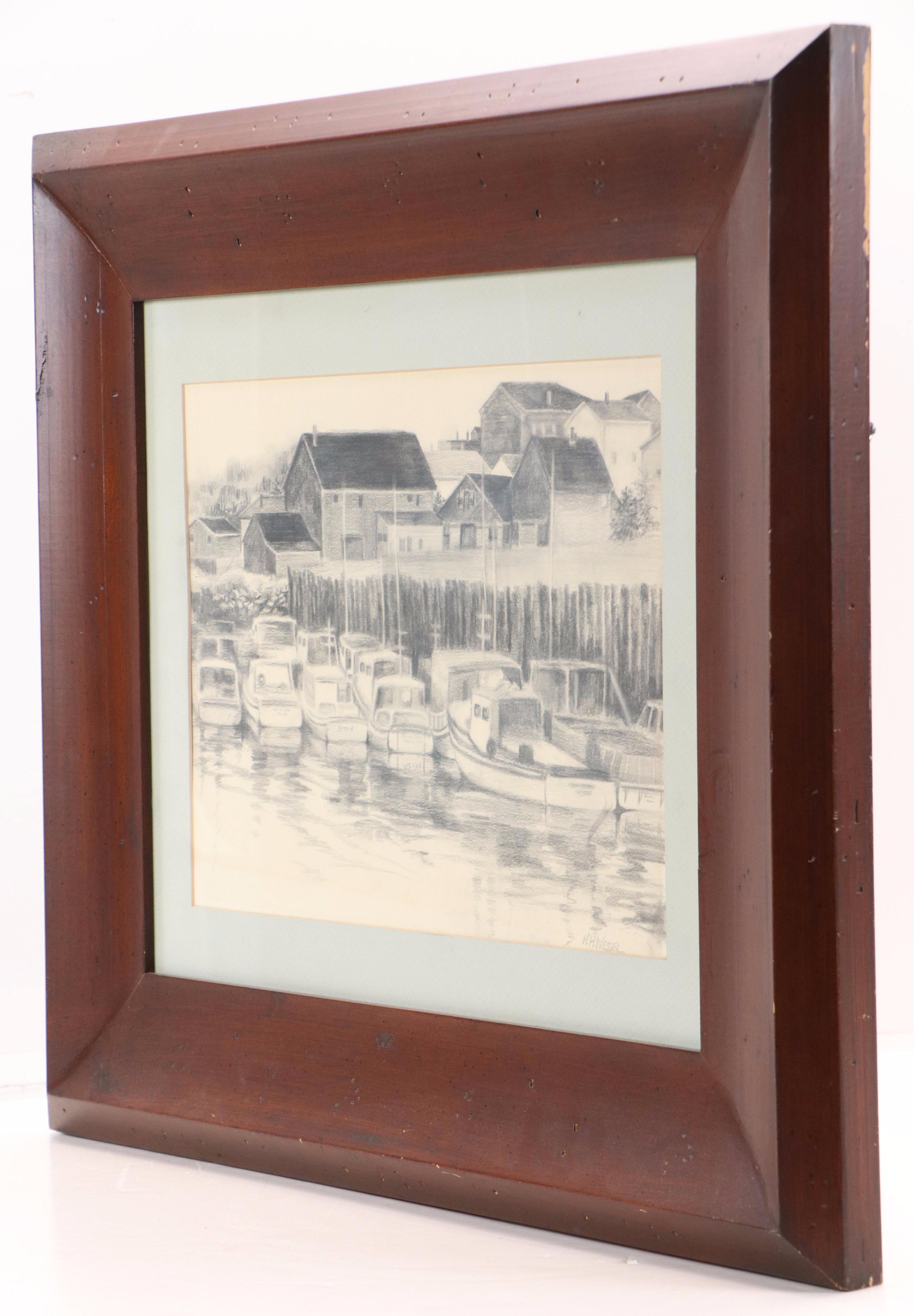 Herman Wessel Nautical Graphite Drawing of Marina Scene