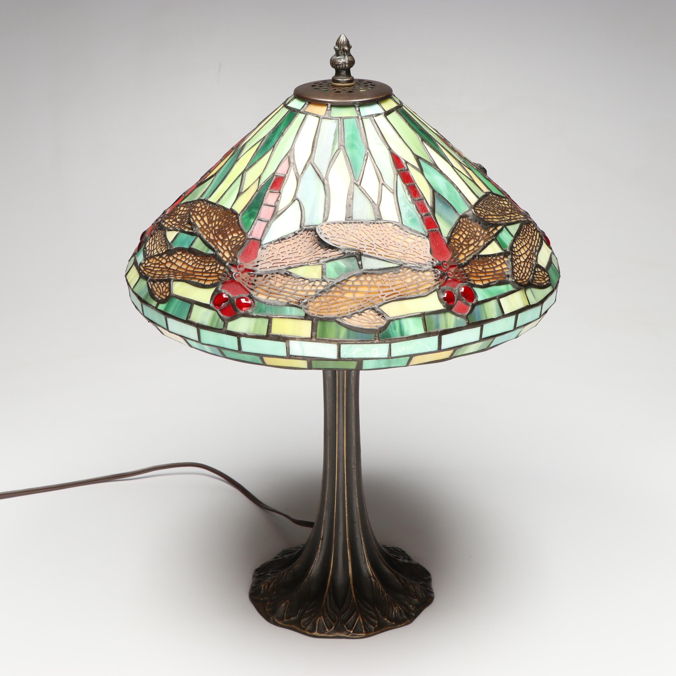 Art Nouveau Style Metal Table Lamp with Dragonfly Slag Glass Shade