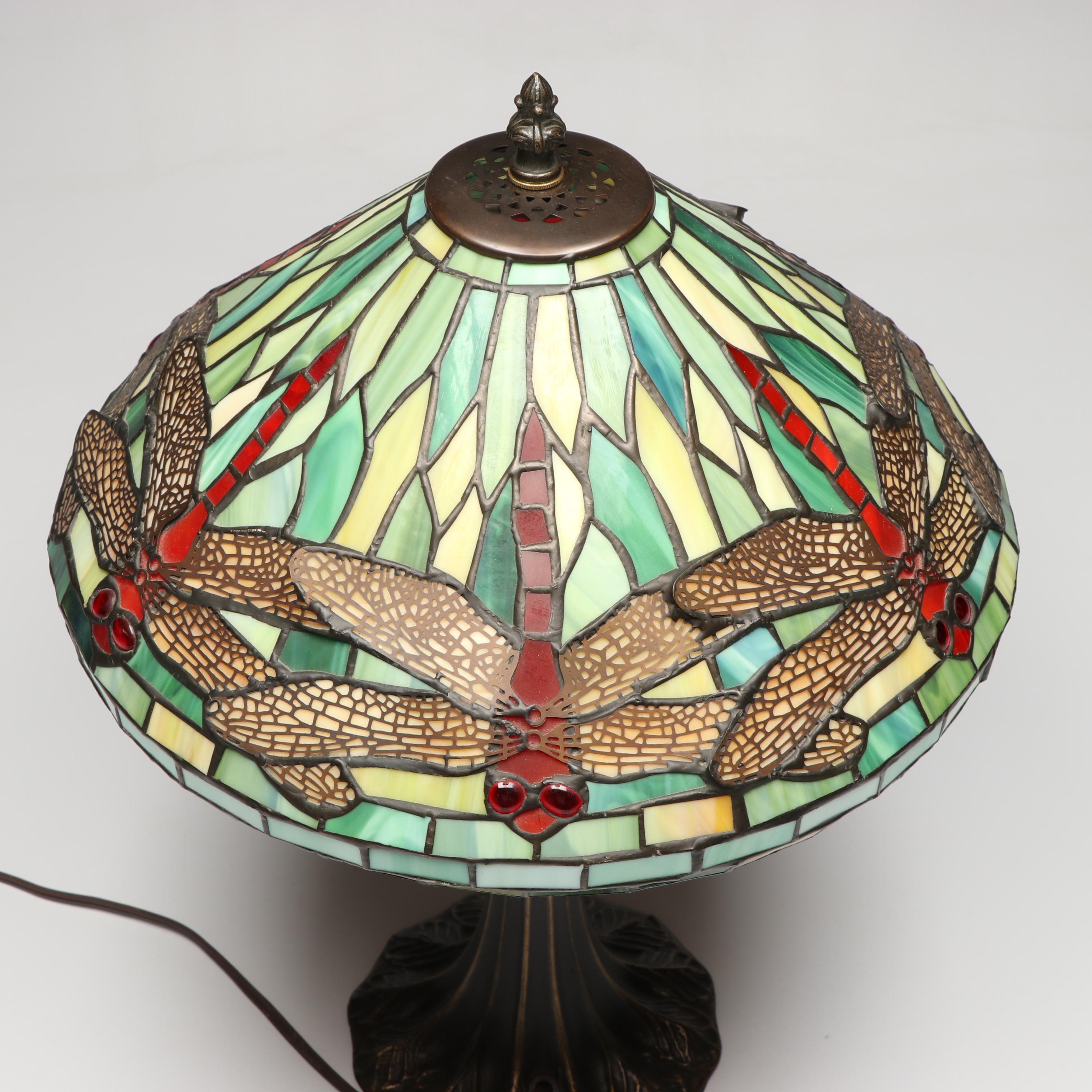 Art Nouveau Style Metal Table Lamp with Dragonfly Slag Glass Shade