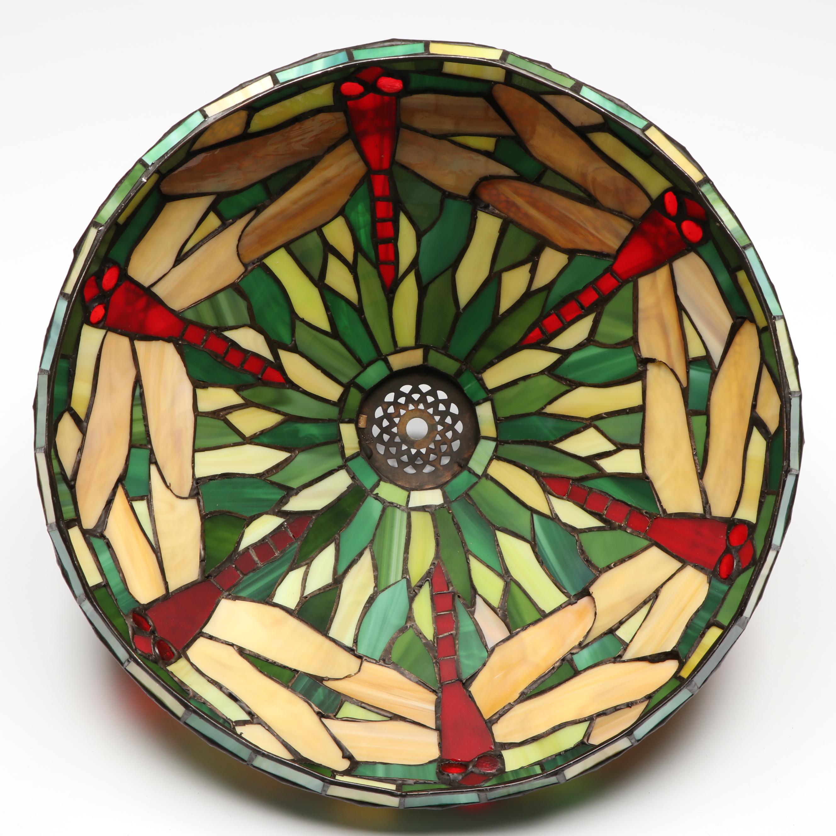 Art Nouveau Style Metal Table Lamp with Dragonfly Slag Glass Shade