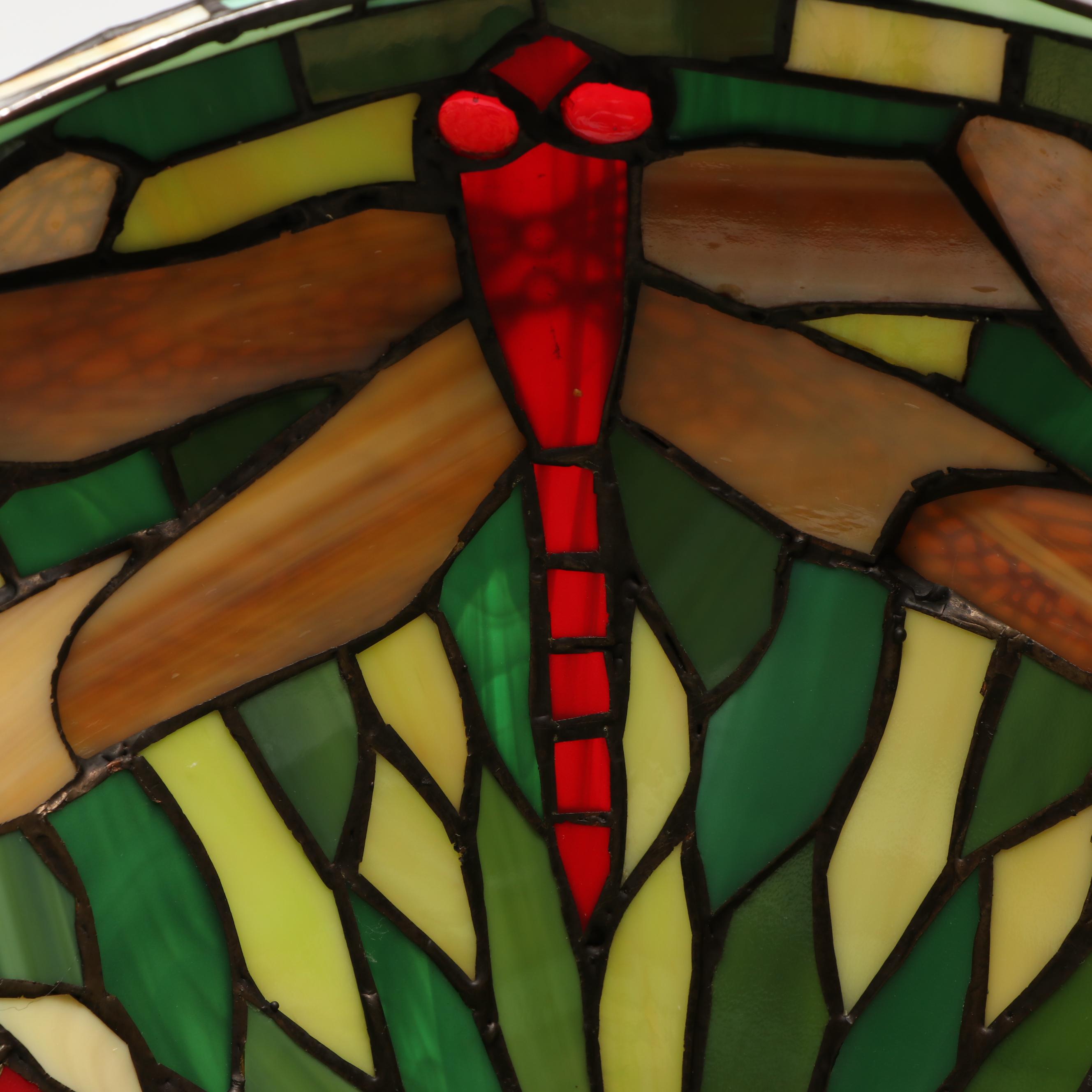 Art Nouveau Style Metal Table Lamp with Dragonfly Slag Glass Shade