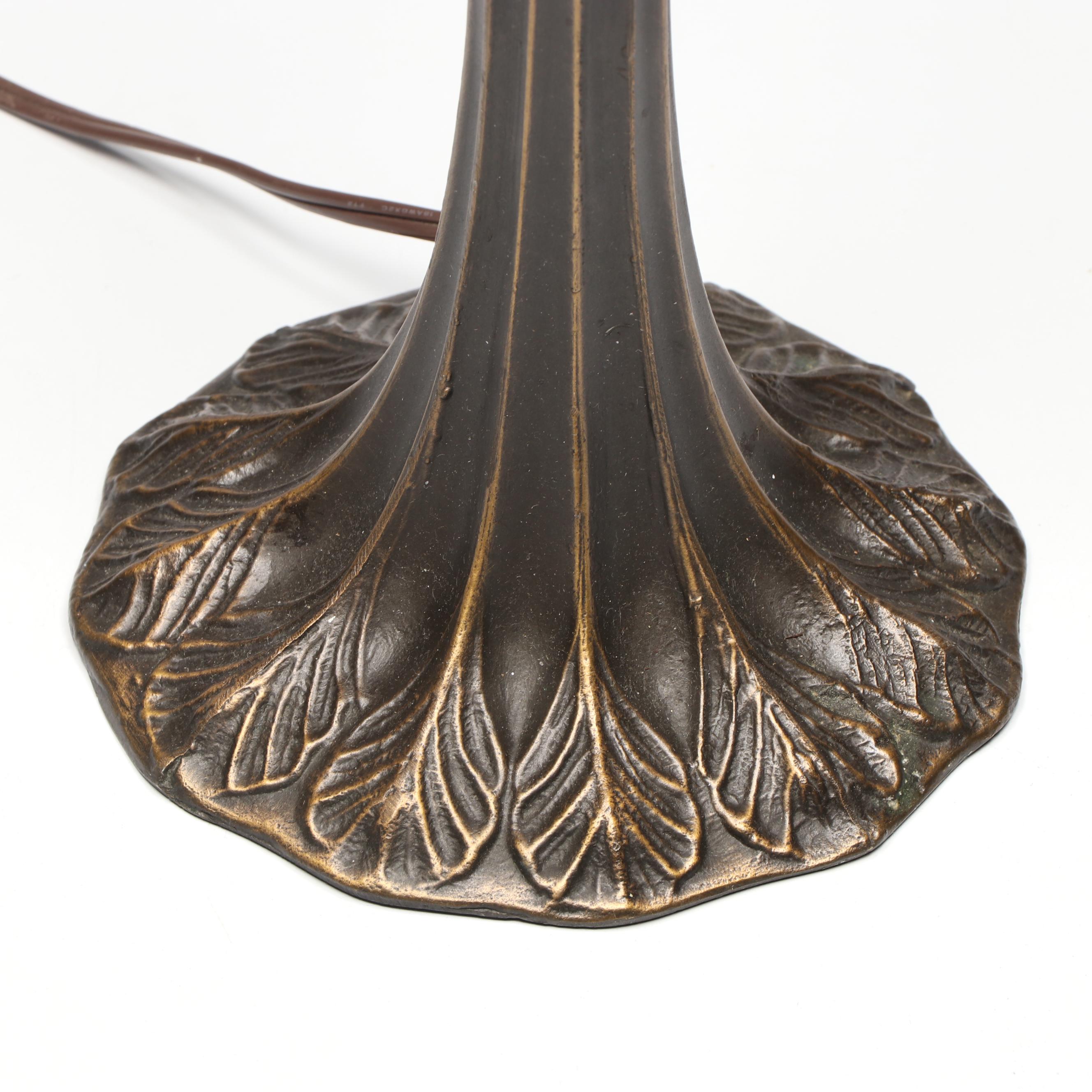 Art Nouveau Style Metal Table Lamp with Dragonfly Slag Glass Shade