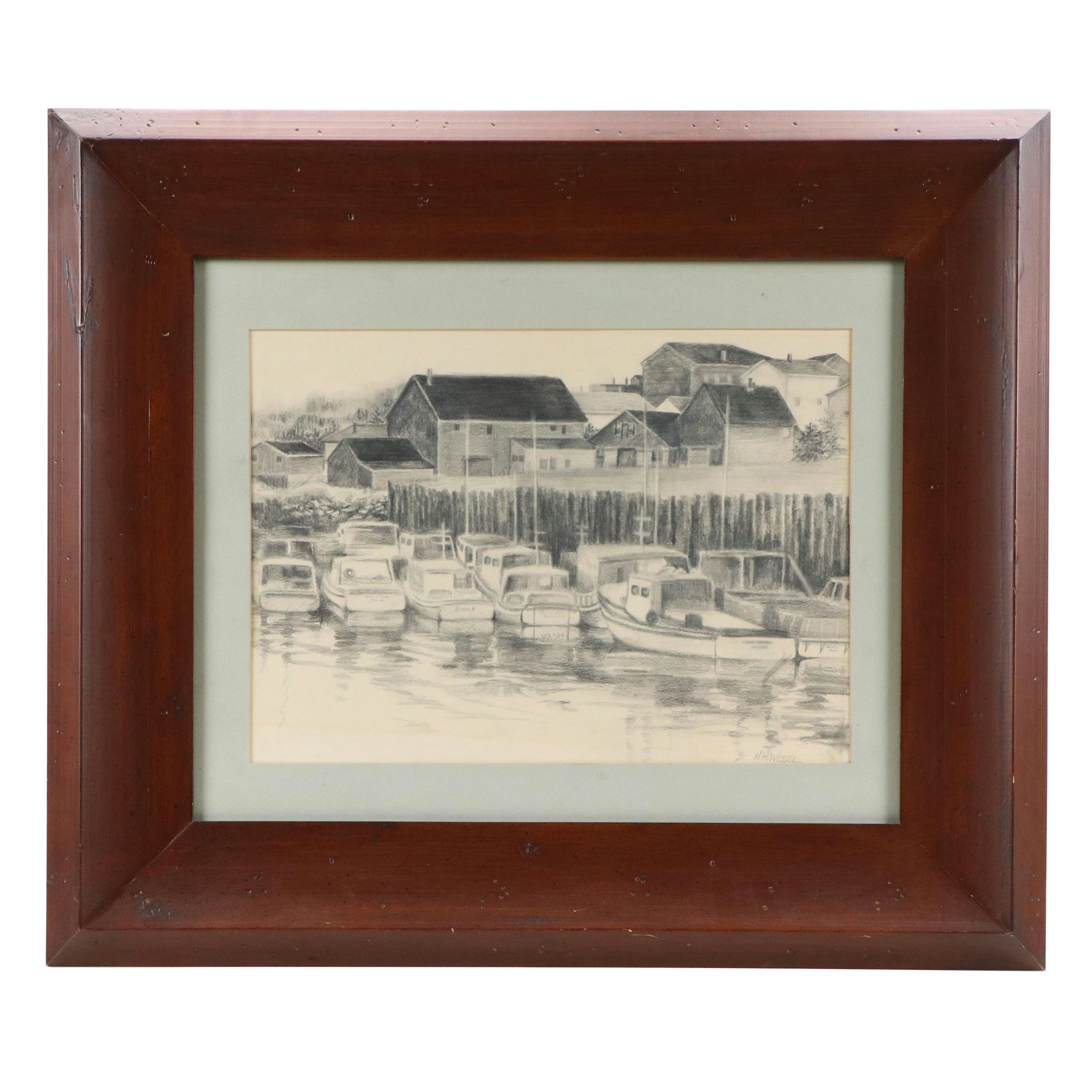 Herman Wessel Nautical Graphite Drawing of Marina Scene