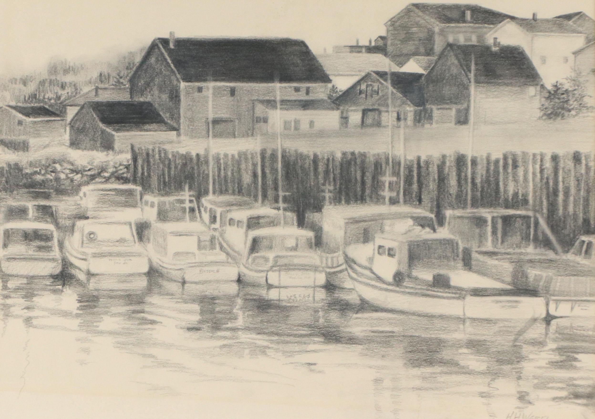 Herman Wessel Nautical Graphite Drawing of Marina Scene