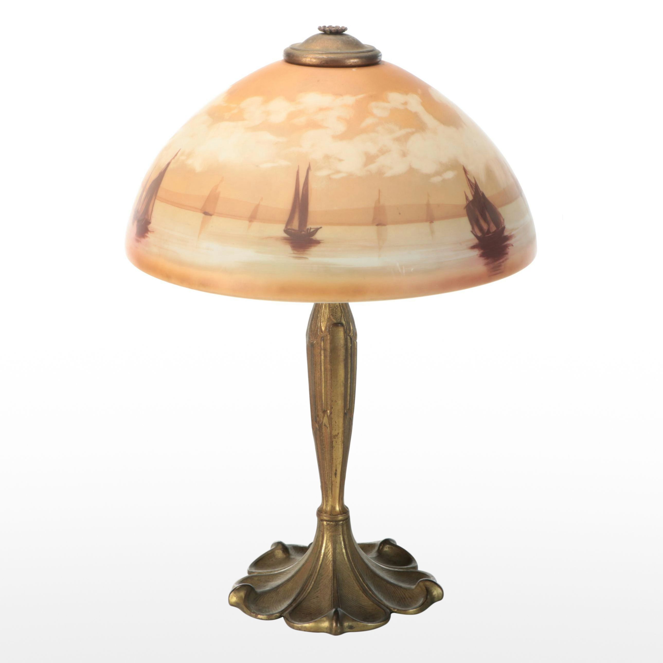 Table Lamp with Reverse Painted Glass Harbor Scene Shade