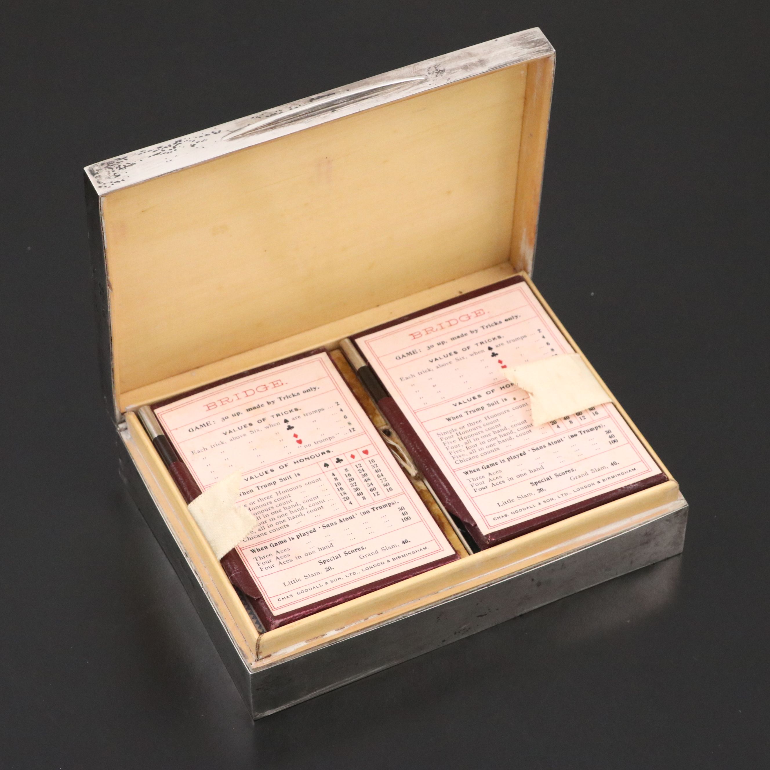 English Sterling Bridge Case with Pair of Viceroy Duplex Playing Cards