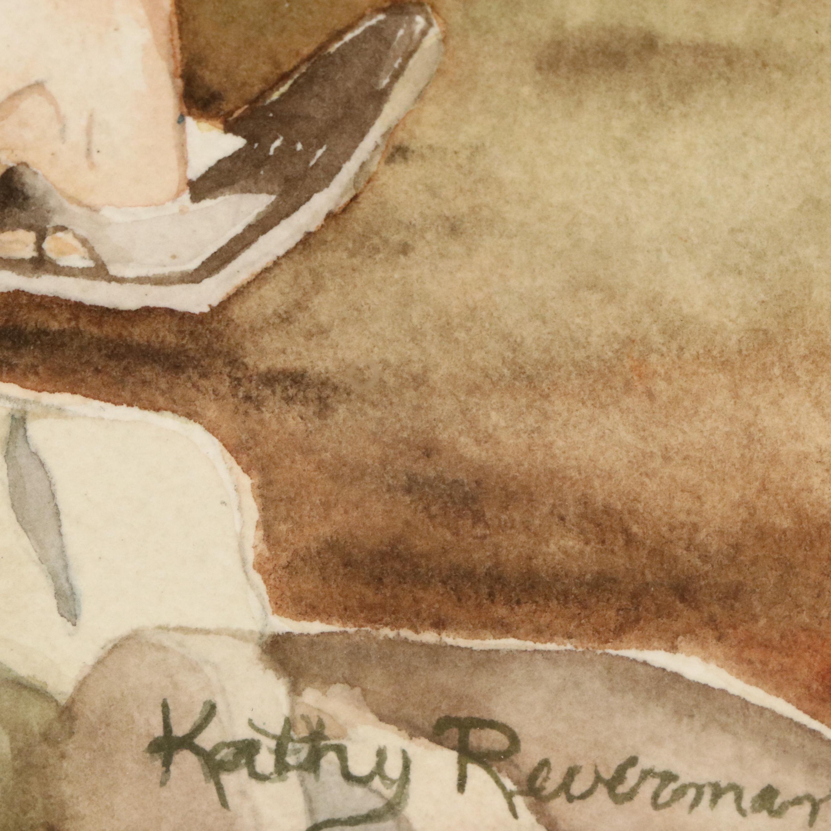 Kathy Reverman Watercolor Painting of Gardener Planting Flowers