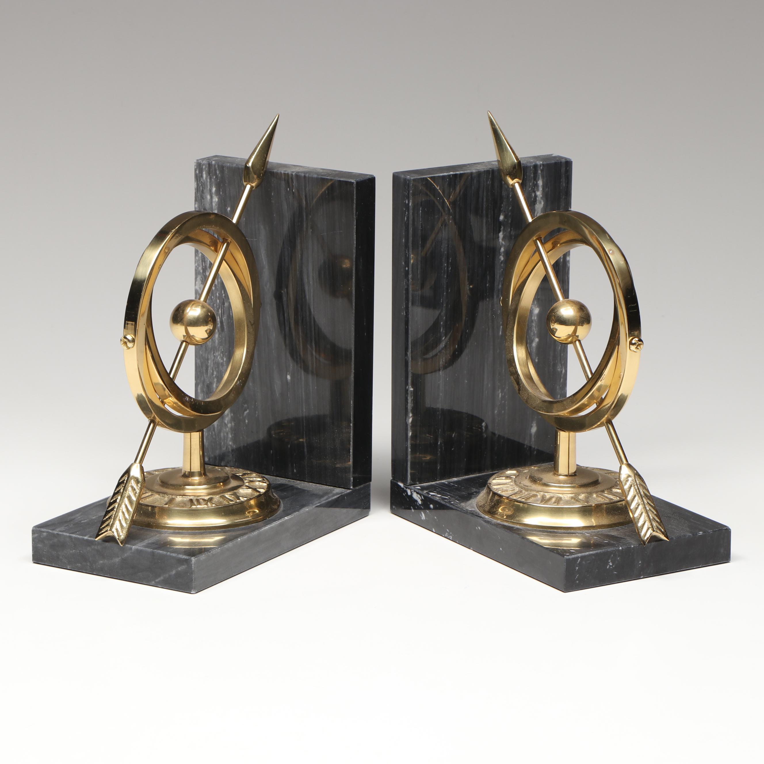 Brass and Marble Armillary Sphere Bookends