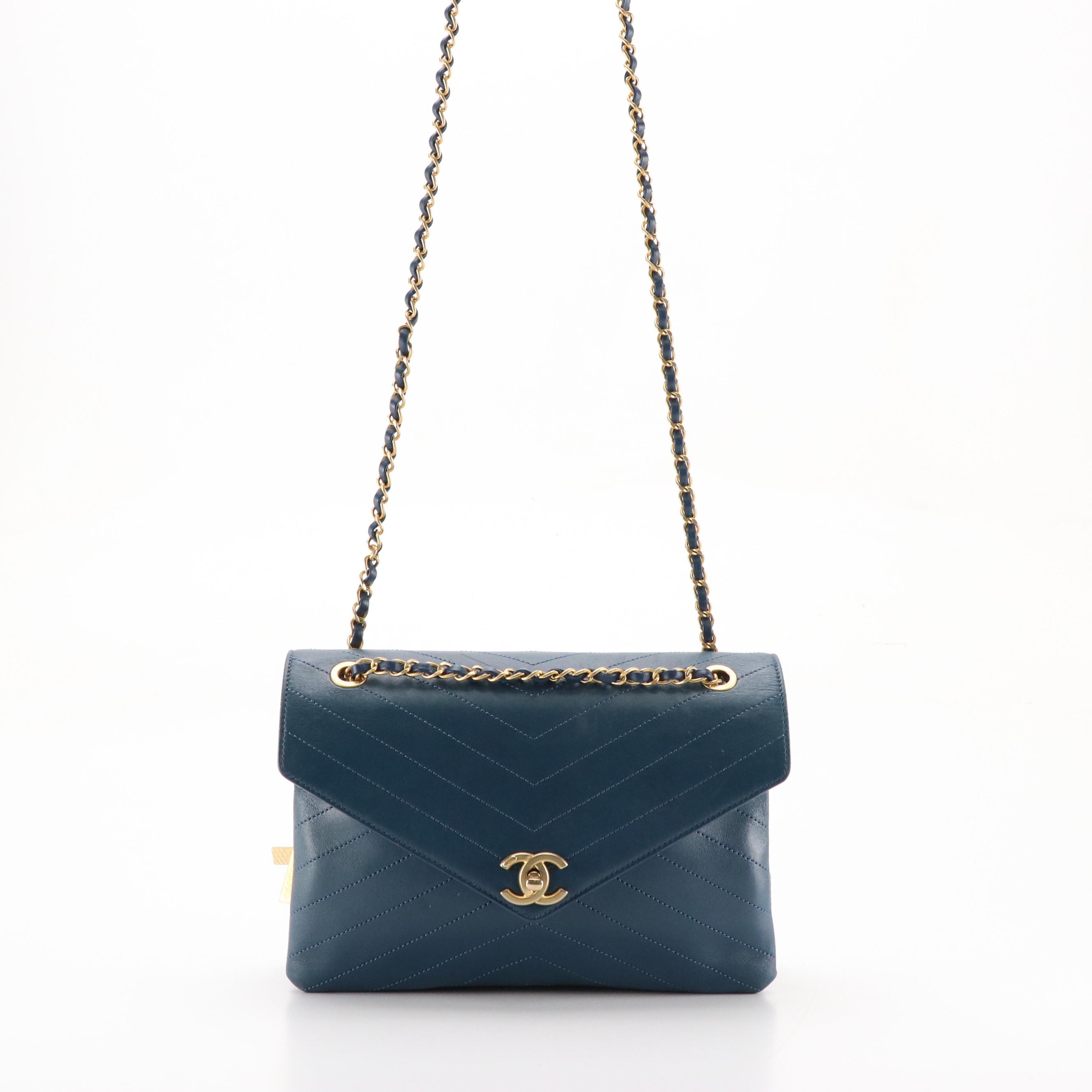 Chanel Coco Flap Chain Strap Bag in Marine Blue Chevron Quilted Leather